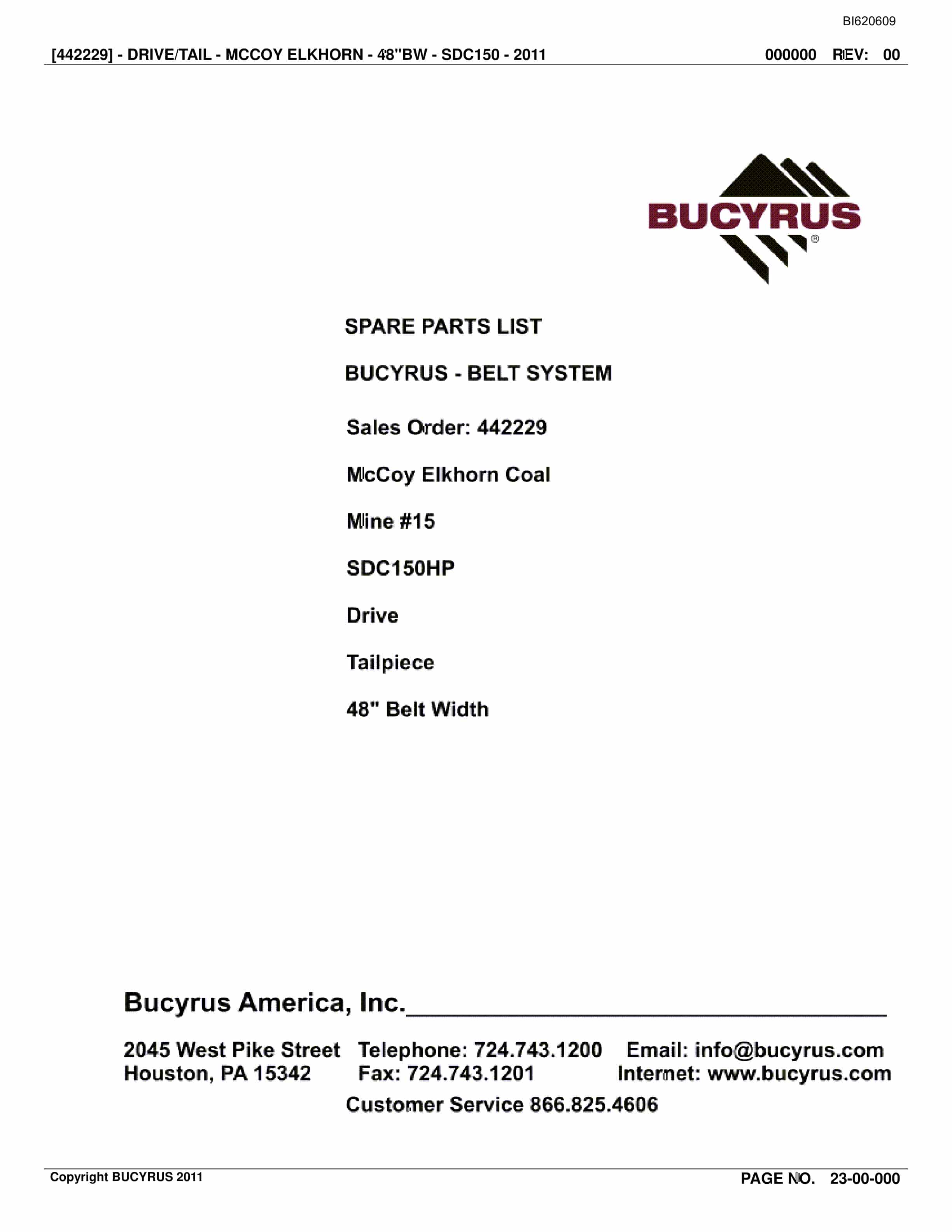 Bucyrus Belt System Spare Parts List BI620609