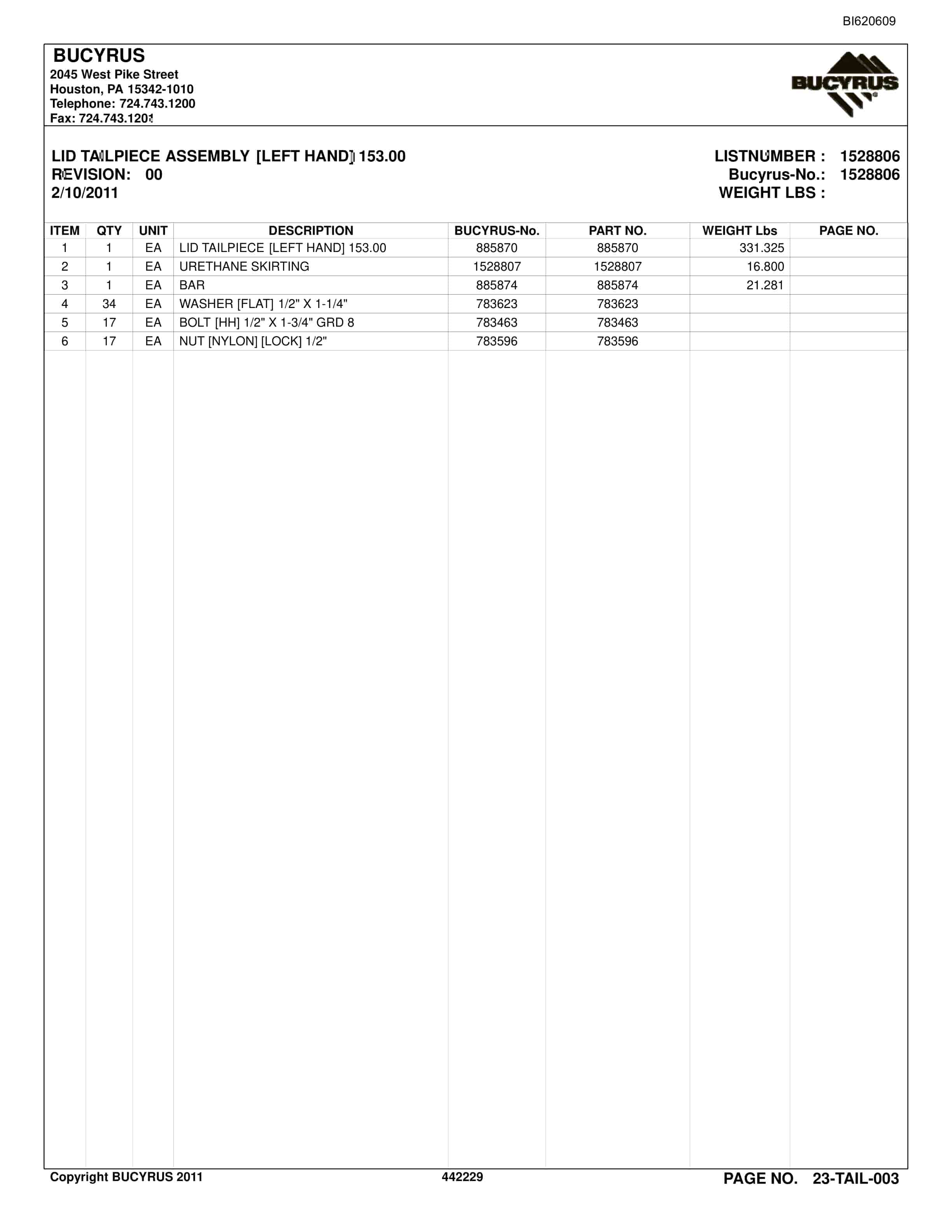 Bucyrus Belt System Spare Parts List BI620609-3