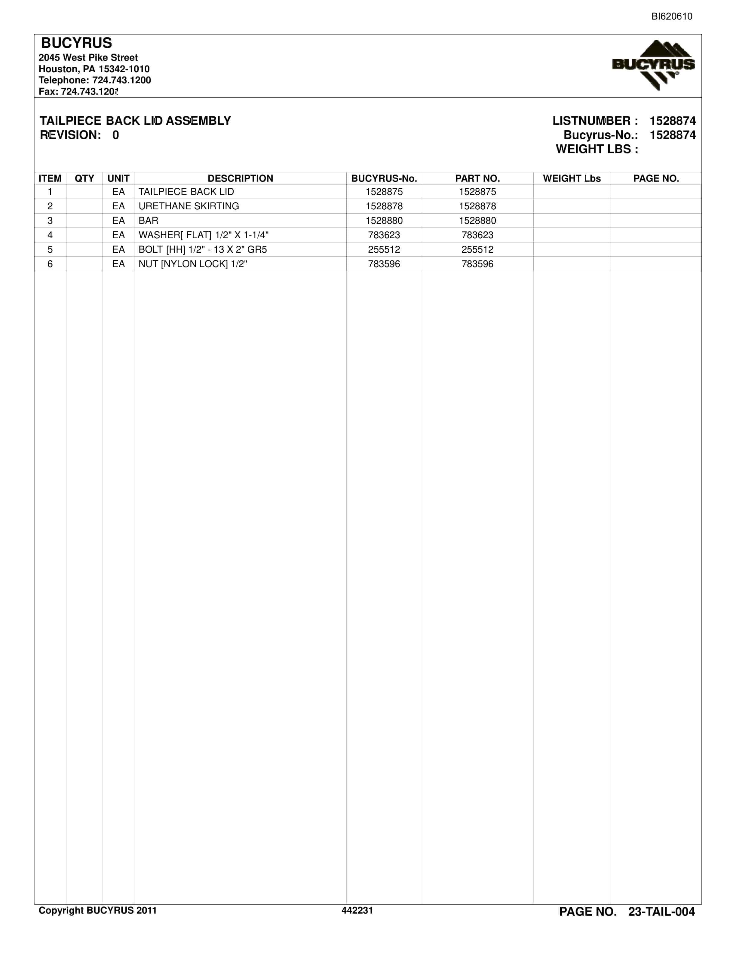 Bucyrus Belt System Spare Parts List BI620610-3