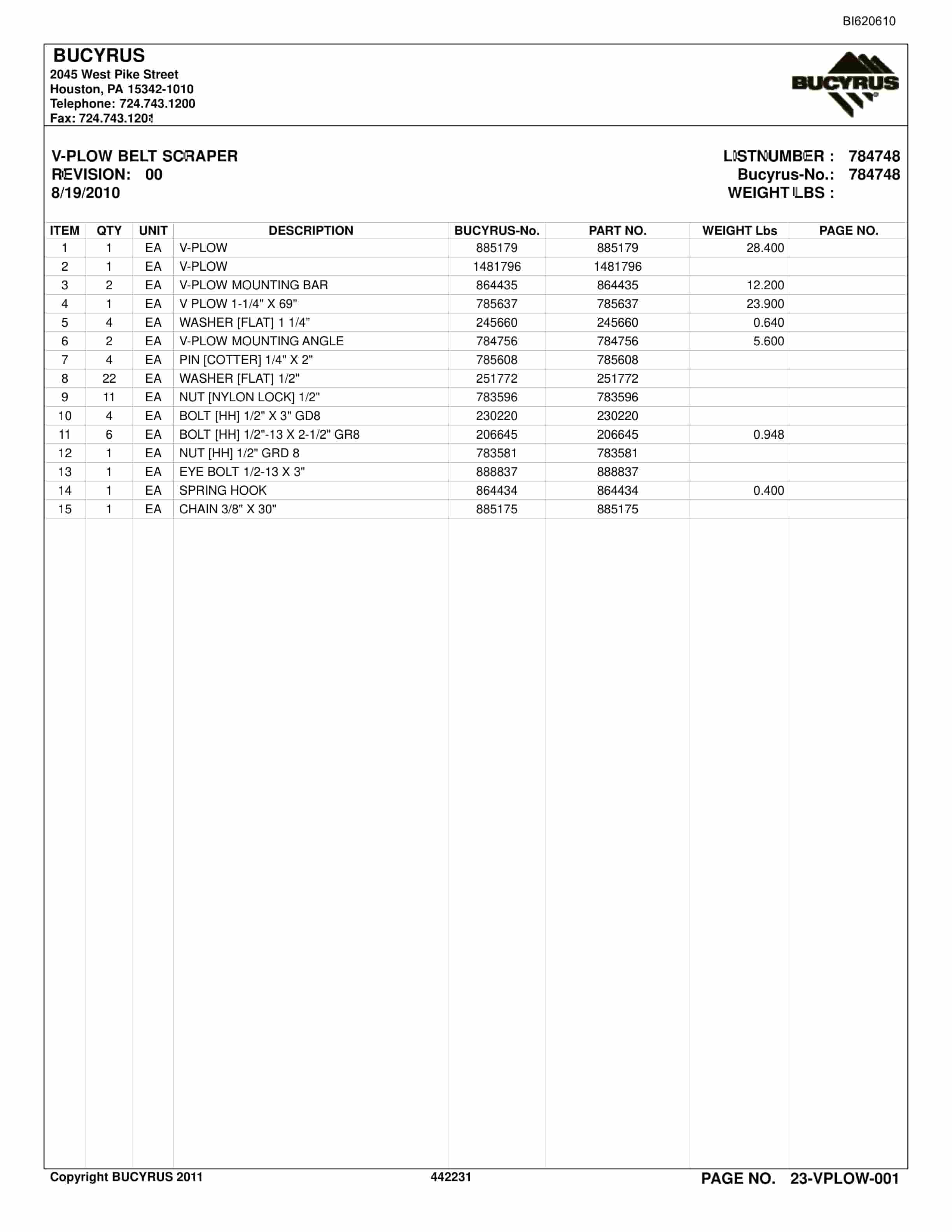Bucyrus Belt System Spare Parts List BI620610-5