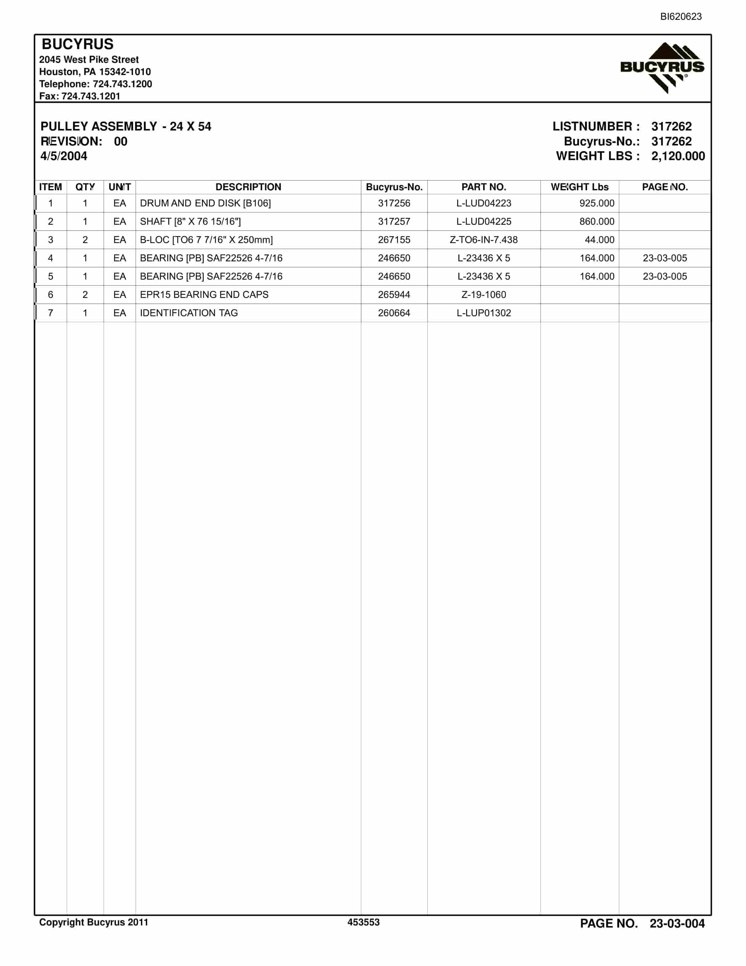 Bucyrus Belt System Spare Parts List BI620623-4