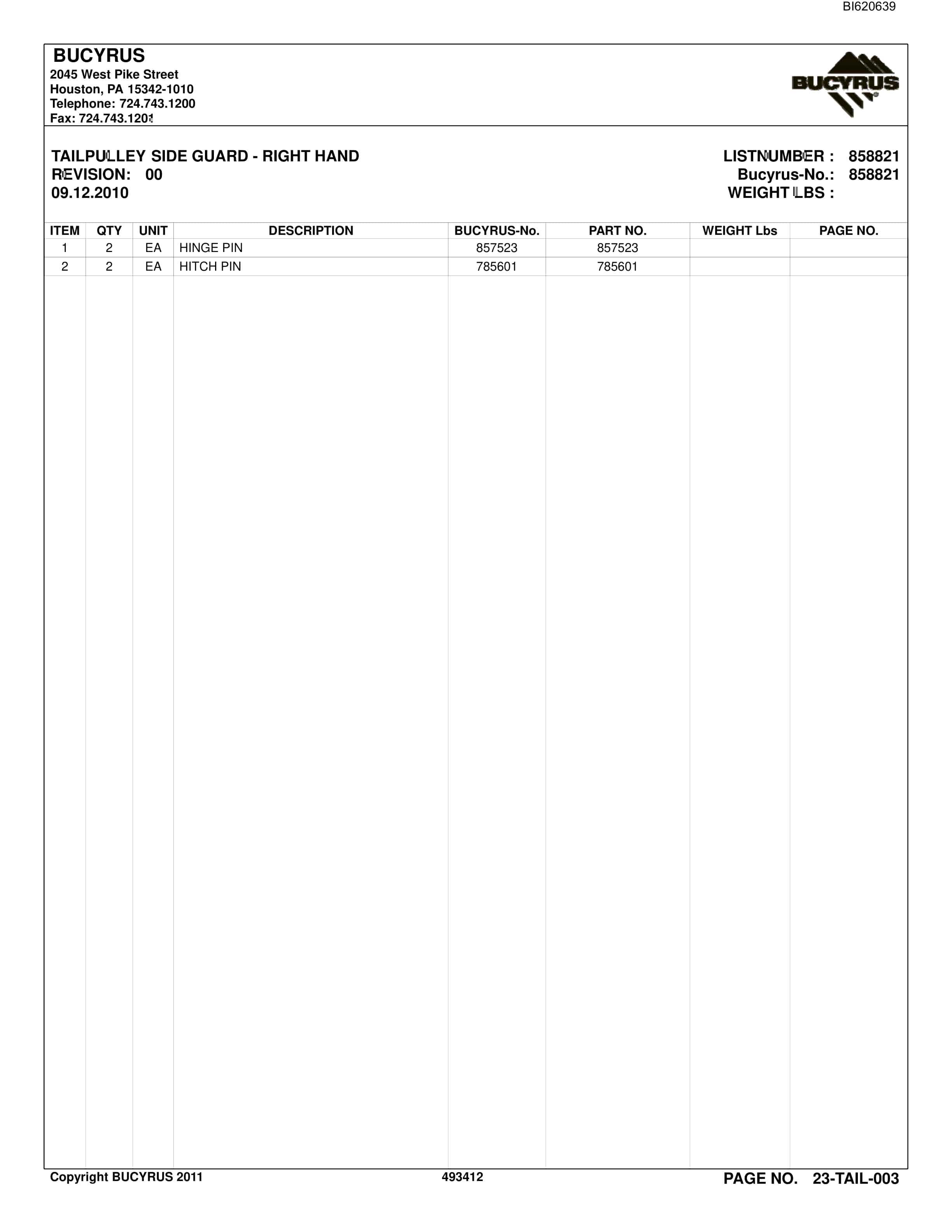 Bucyrus Belt System Spare Parts List BI620639-5