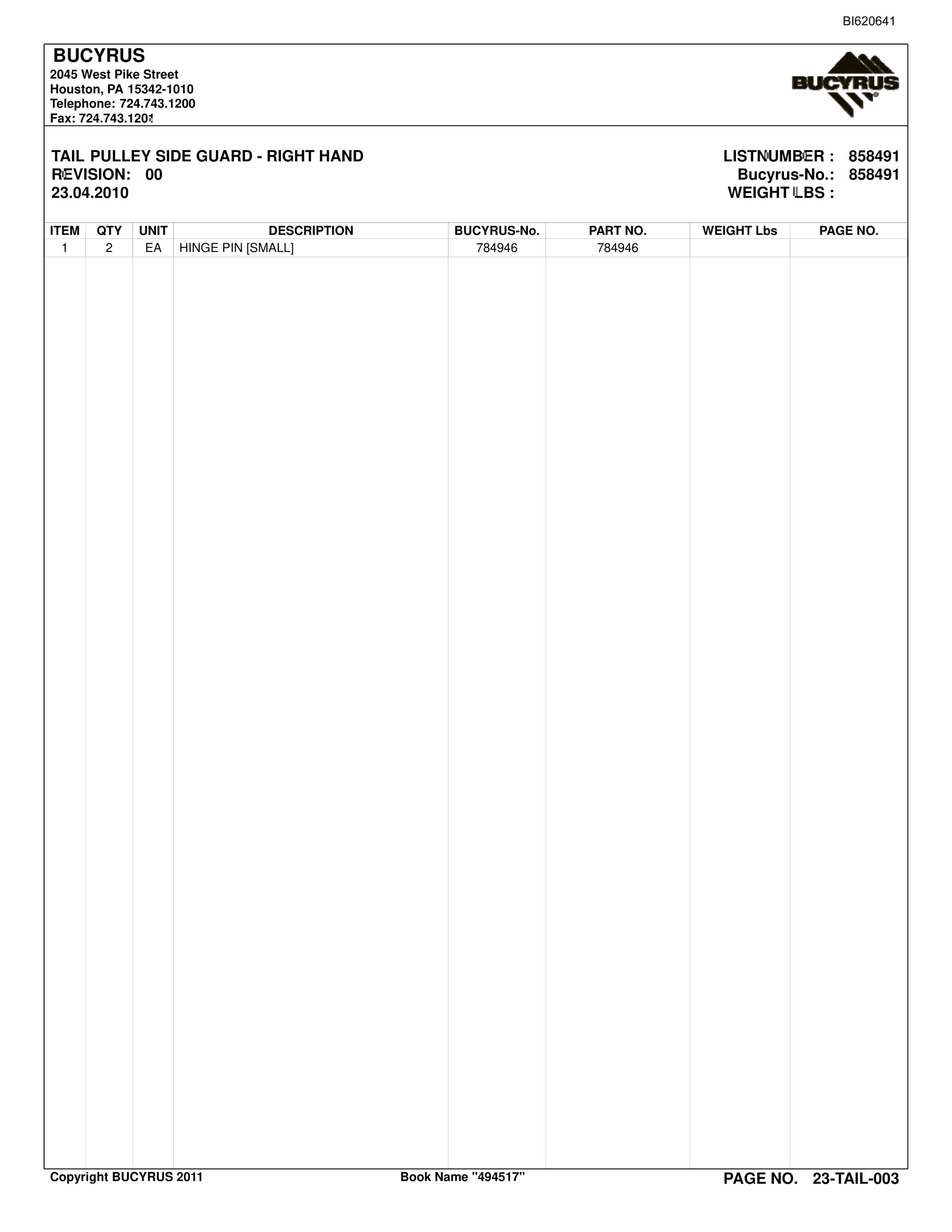 Bucyrus Belt System Spare Parts List BI620641-4