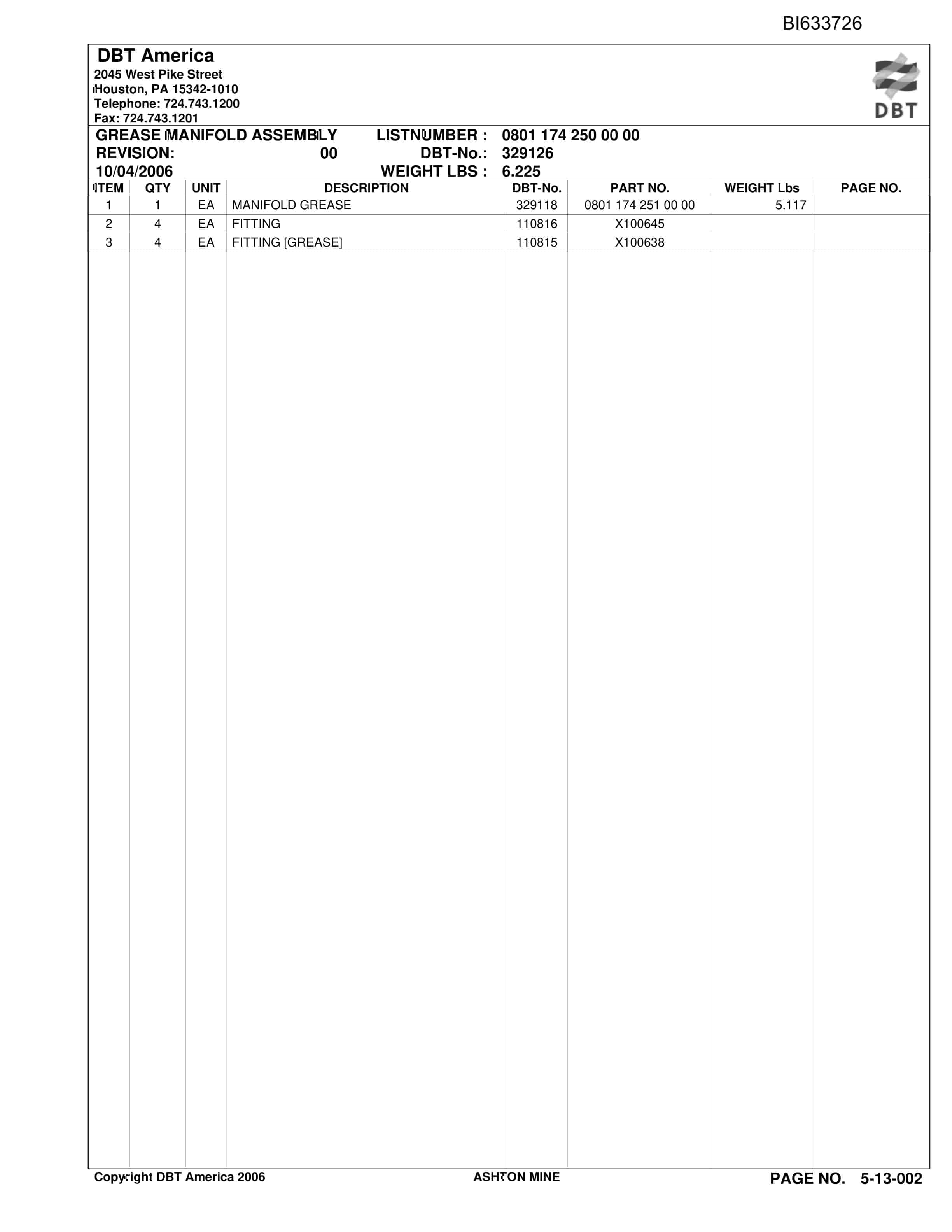 Bucyrus Belt Tail Piece Arrangement Parts Catalog BI633726-4