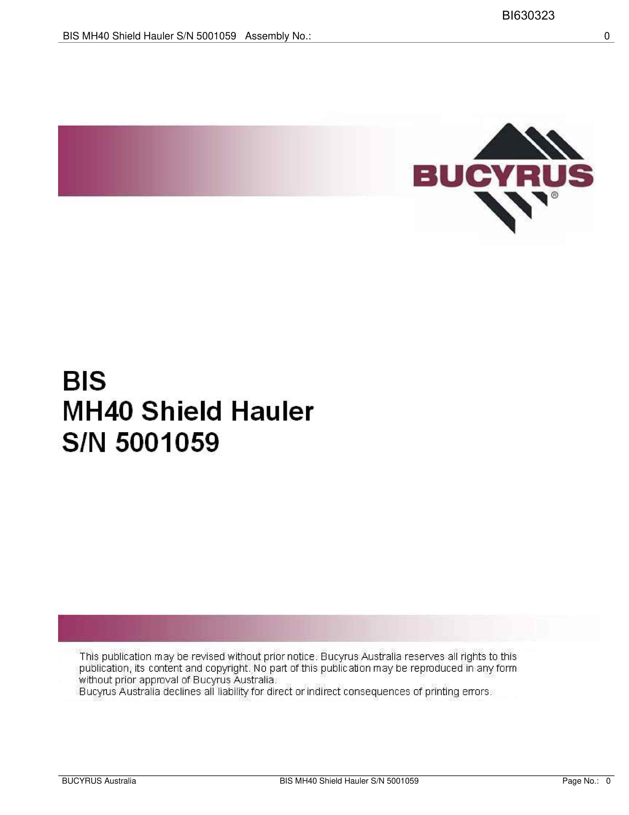 Bucyrus BIS MH40 Shield Hauler Parts Catalog BI630323
