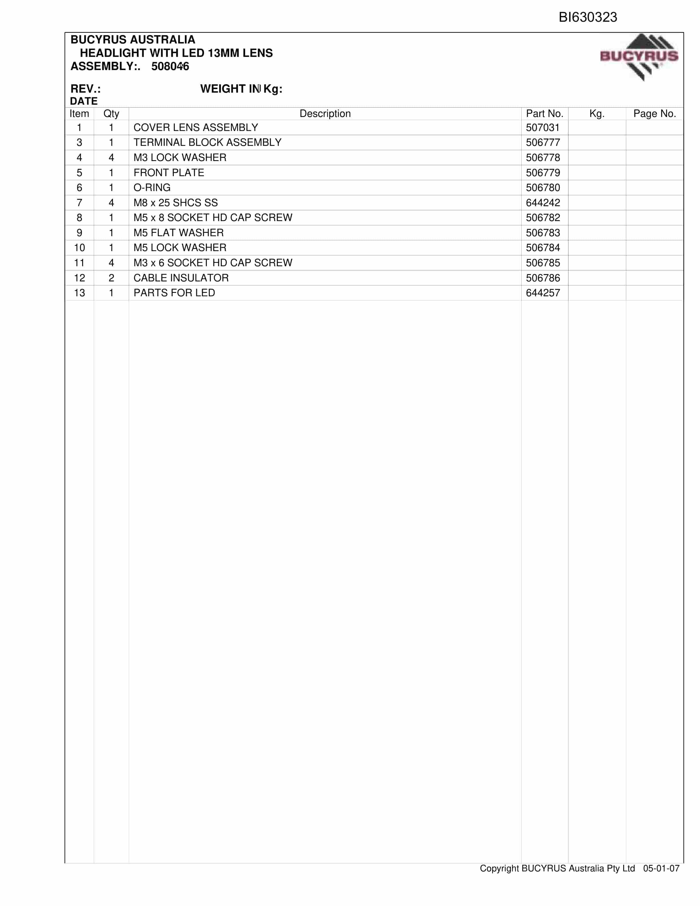 Bucyrus BIS MH40 Shield Hauler Parts Catalog BI630323-3
