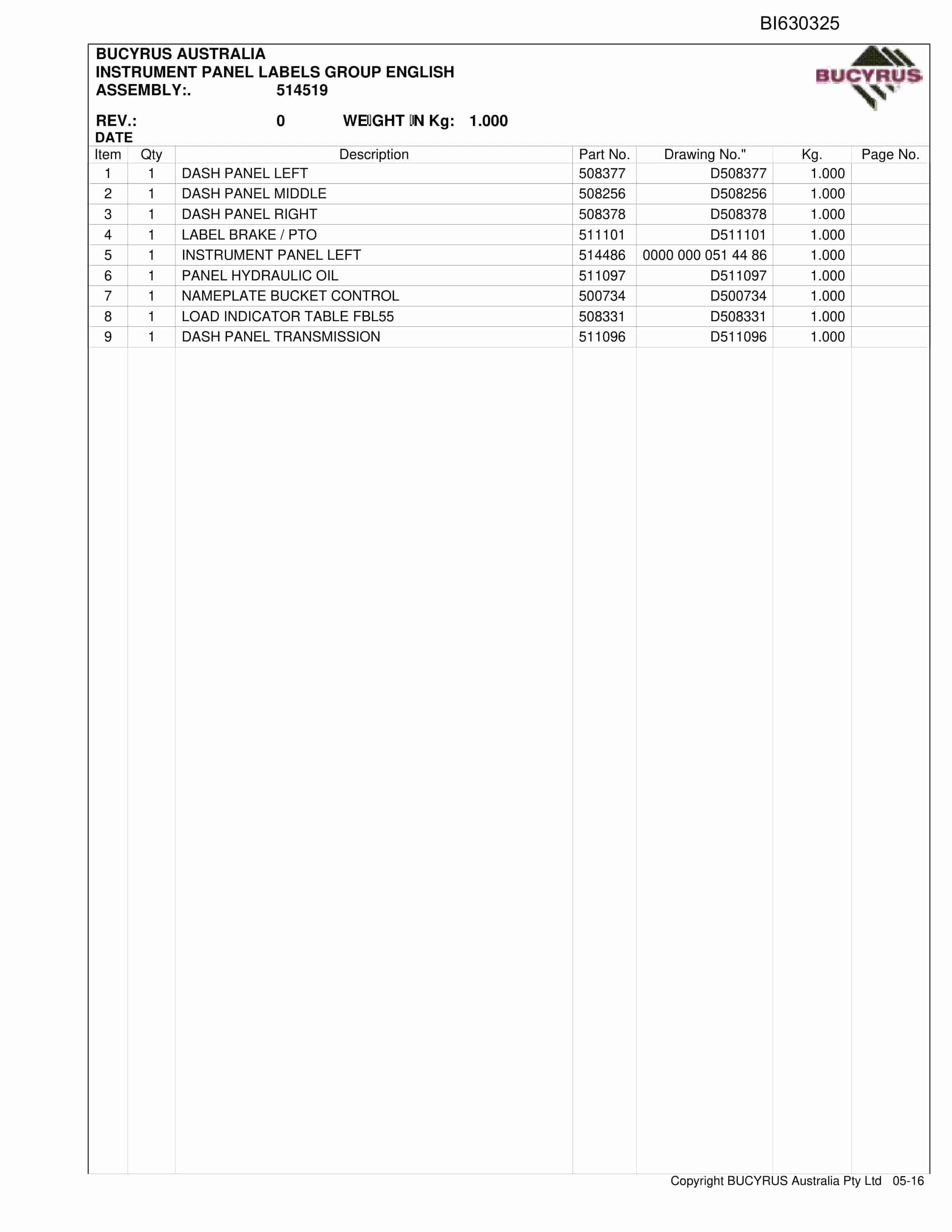 Bucyrus Blakefield South FBL55 Parts Catalog BI630325-5