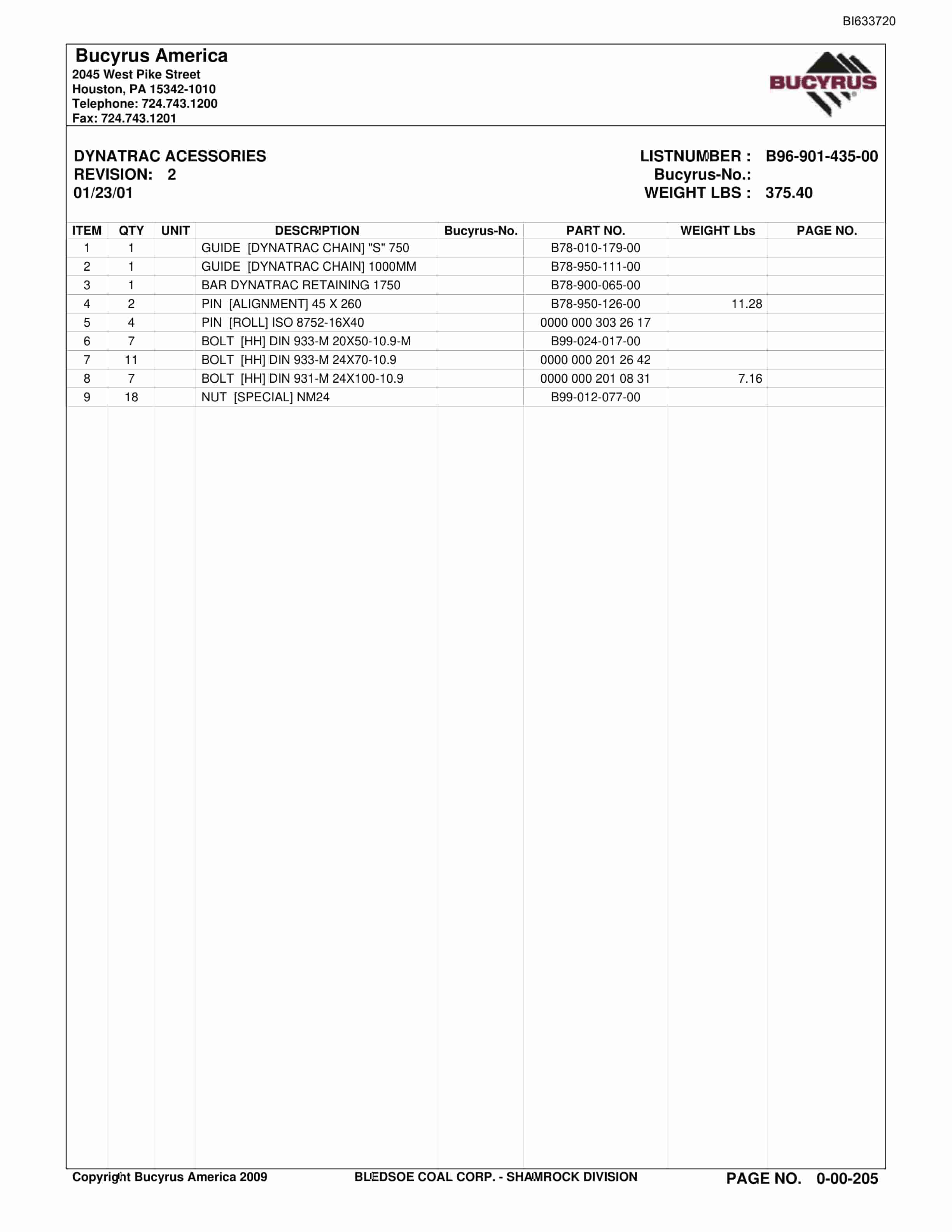 Bucyrus Bledsoe Coal - Shamrock Division Parts Catalog BI633720-5