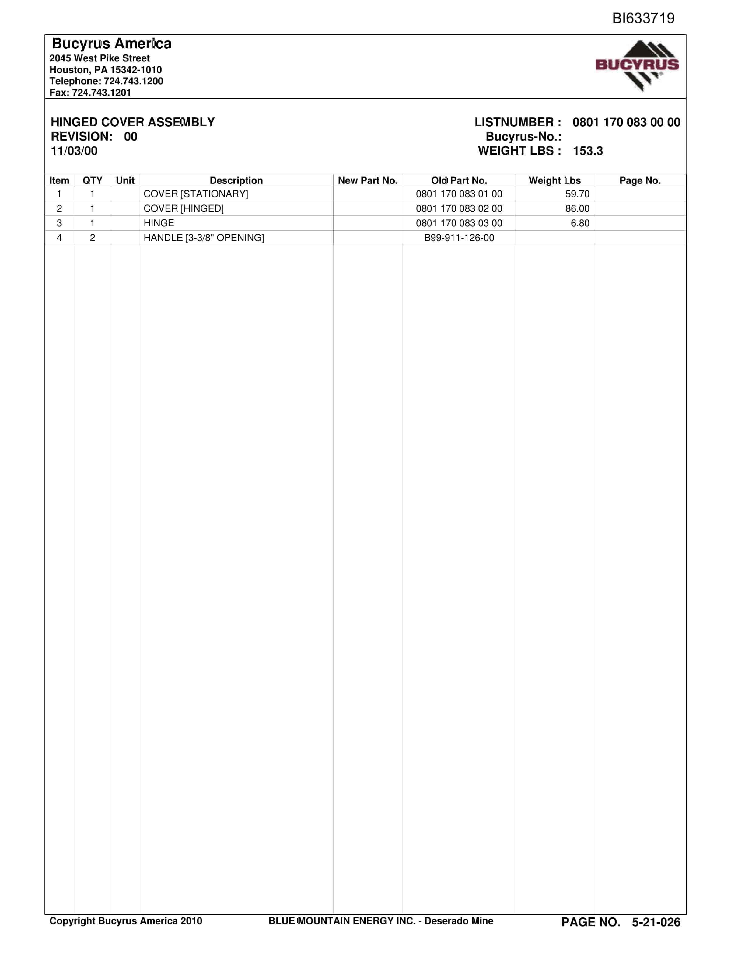 Bucyrus Blue Mountain Energy - Deserado Mine Parts Catalog BI633719-5