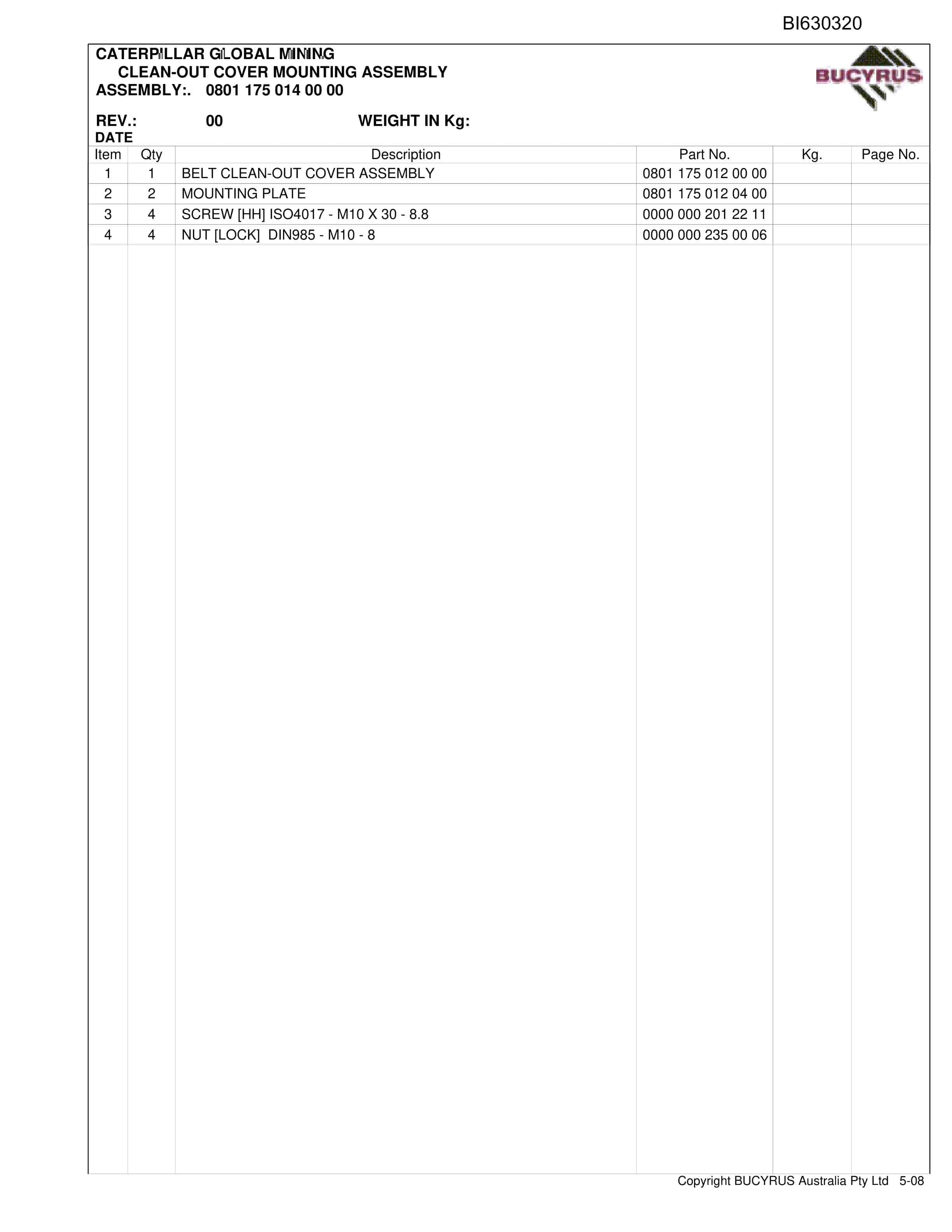 Bucyrus Bootend Craw Assembly Parts Catalog BI630320-2