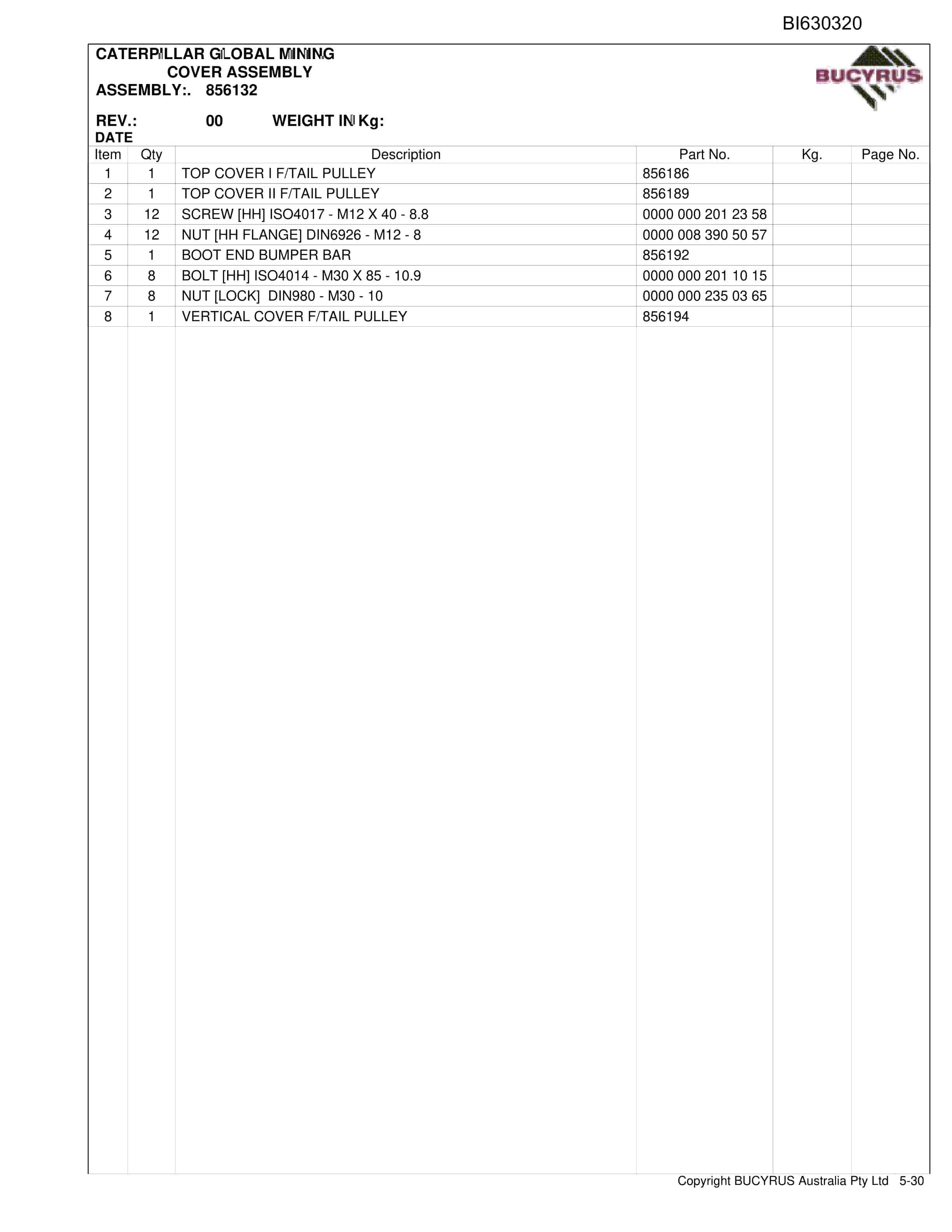 Bucyrus Bootend Craw Assembly Parts Catalog BI630320-4