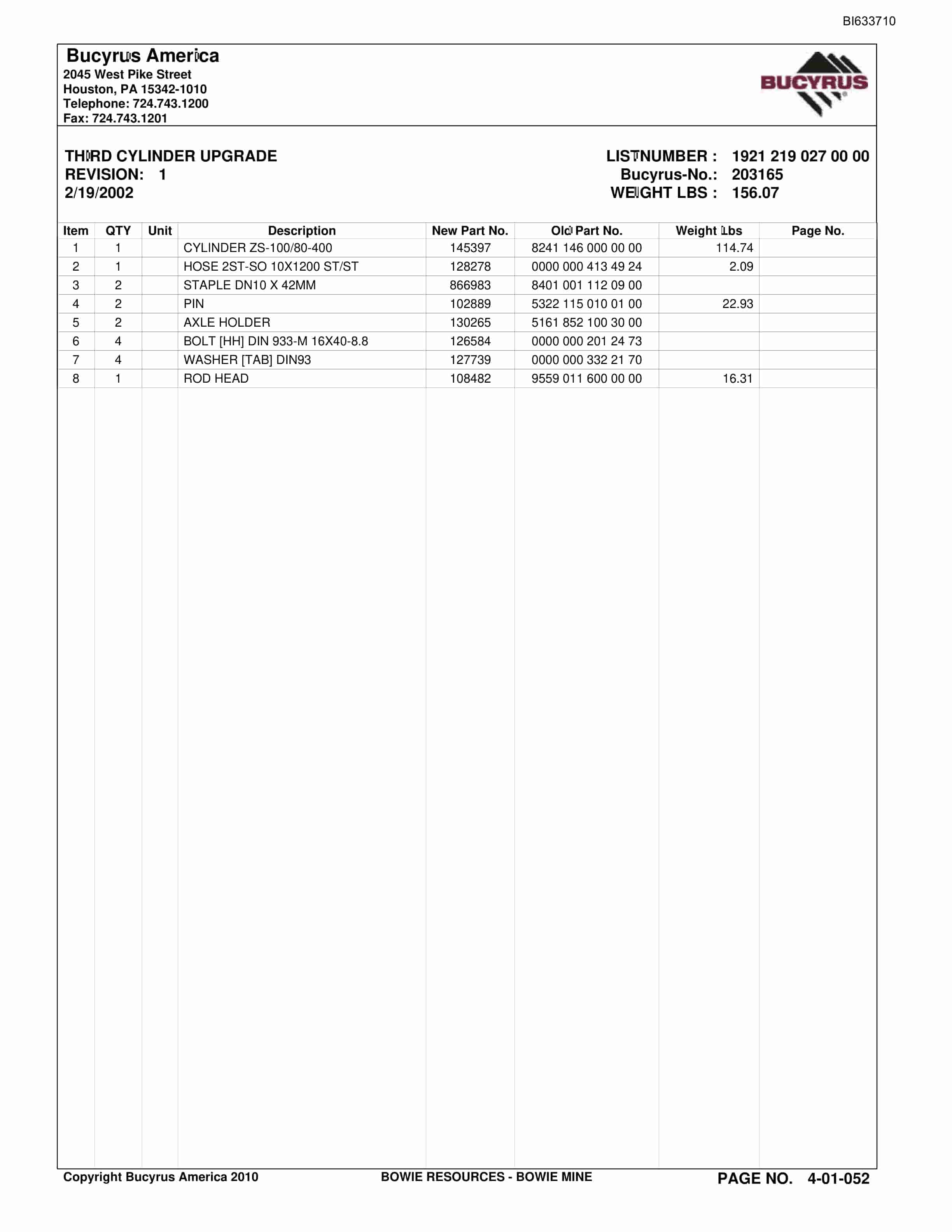 Bucyrus Bowie Mine Parts Catalog BI633710-3