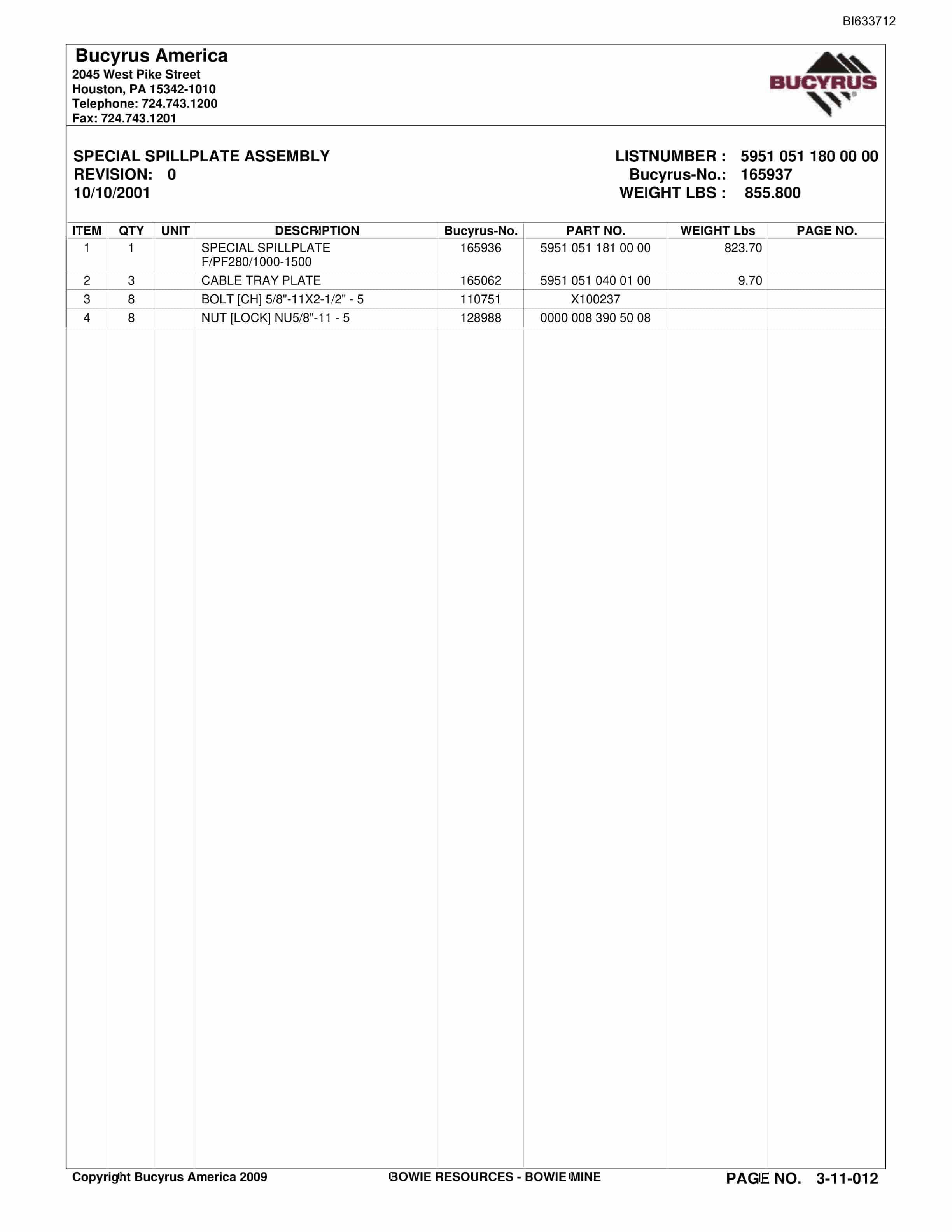 Bucyrus Bowie Mine Parts Catalog BI633712-3