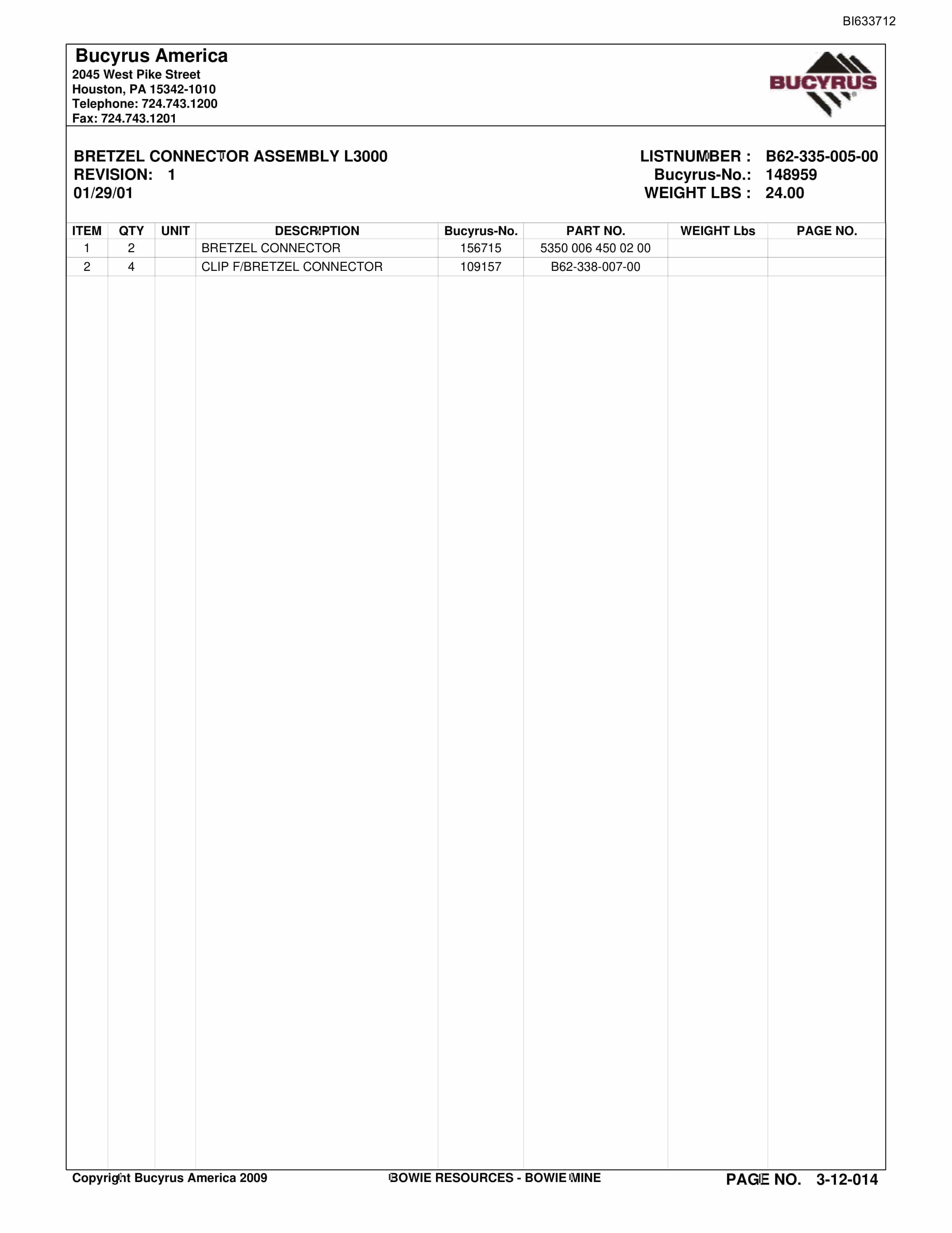 Bucyrus Bowie Mine Parts Catalog BI633712-4