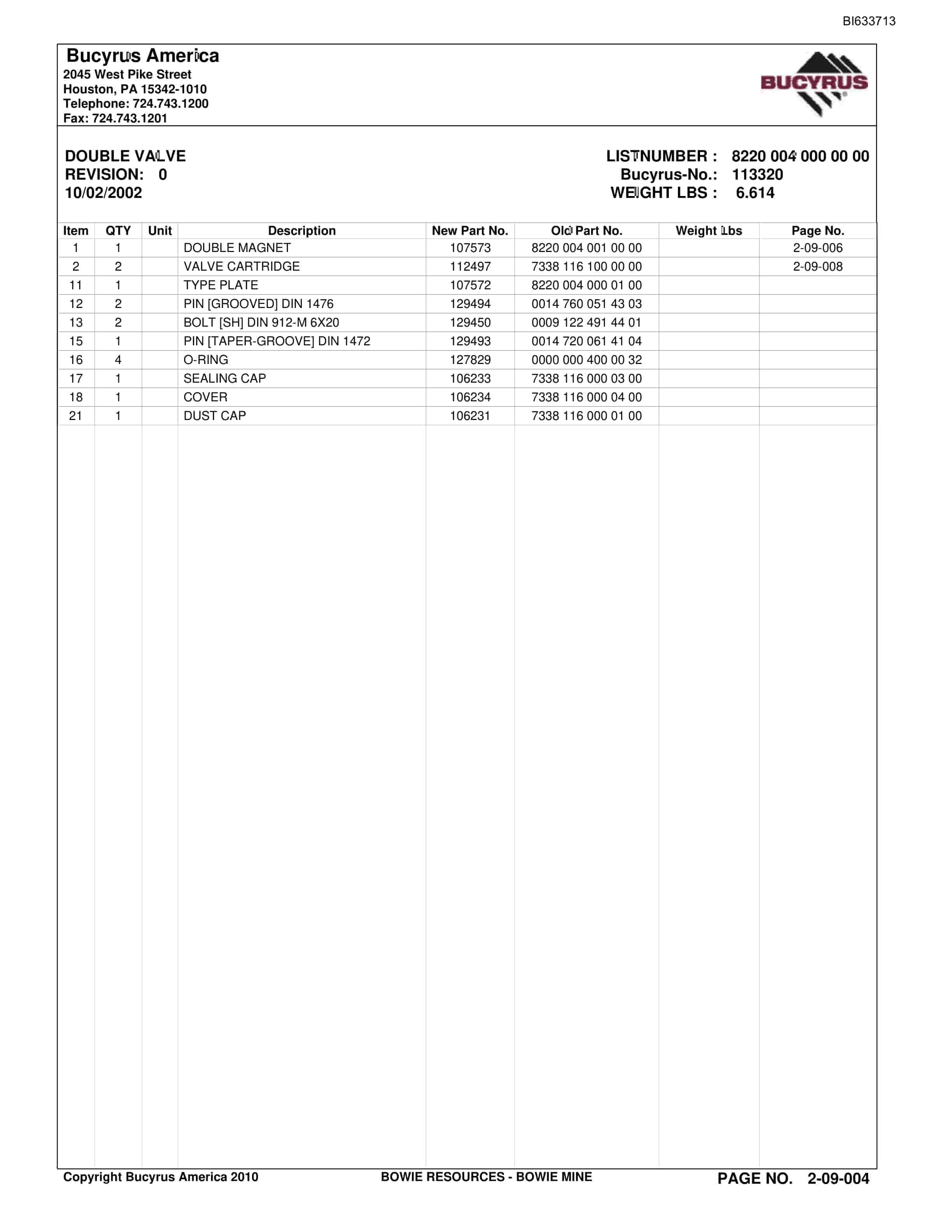 Bucyrus Bowie Mine Parts Catalog BI633713-3