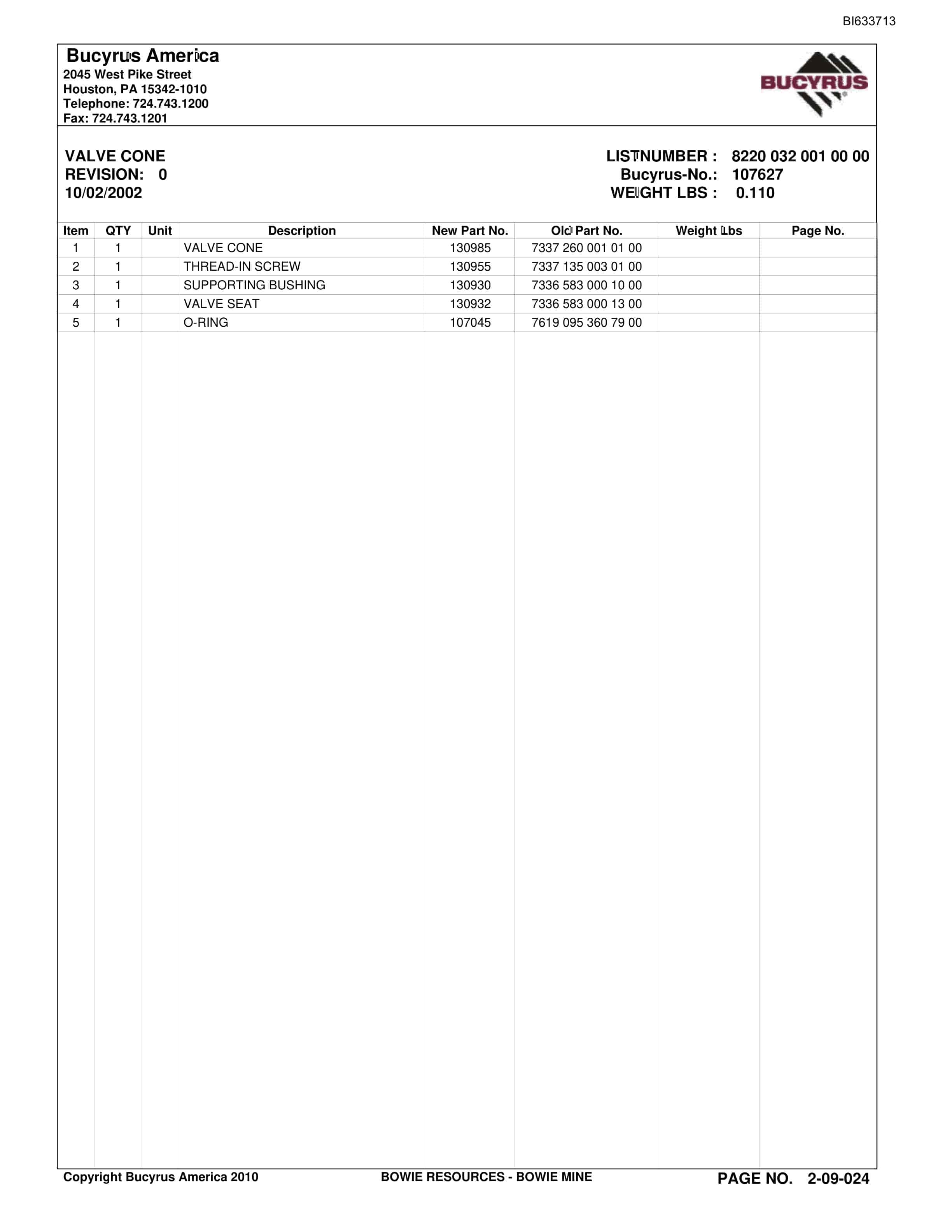 Bucyrus Bowie Mine Parts Catalog BI633713-4