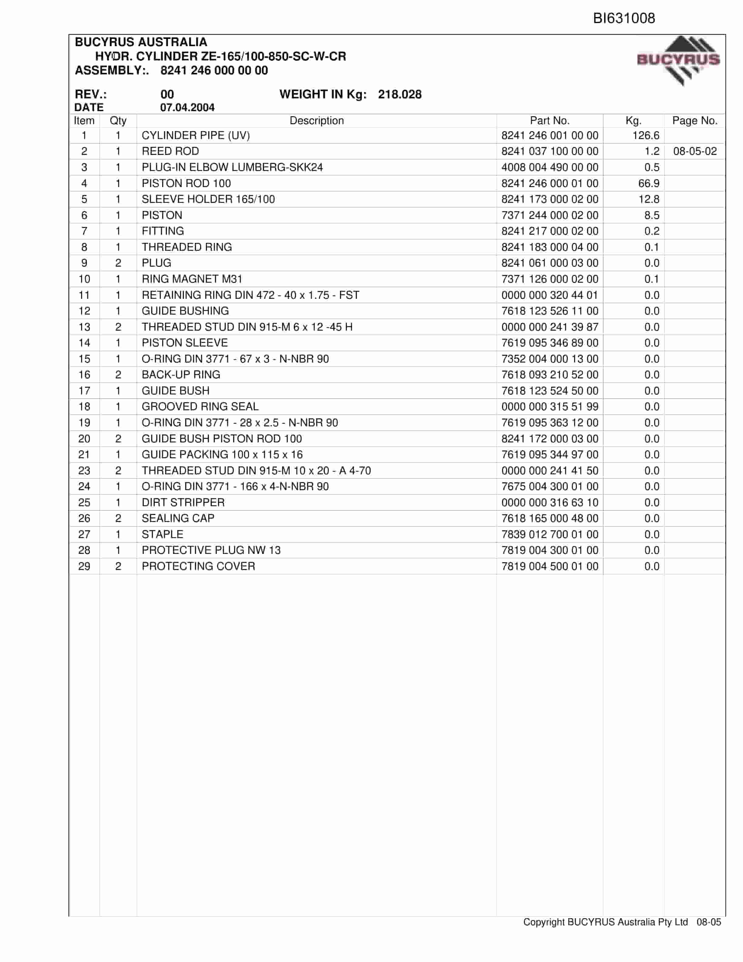 Bucyrus Broadmeadow E-Frame 2008 Parts Catalog BI631008-2