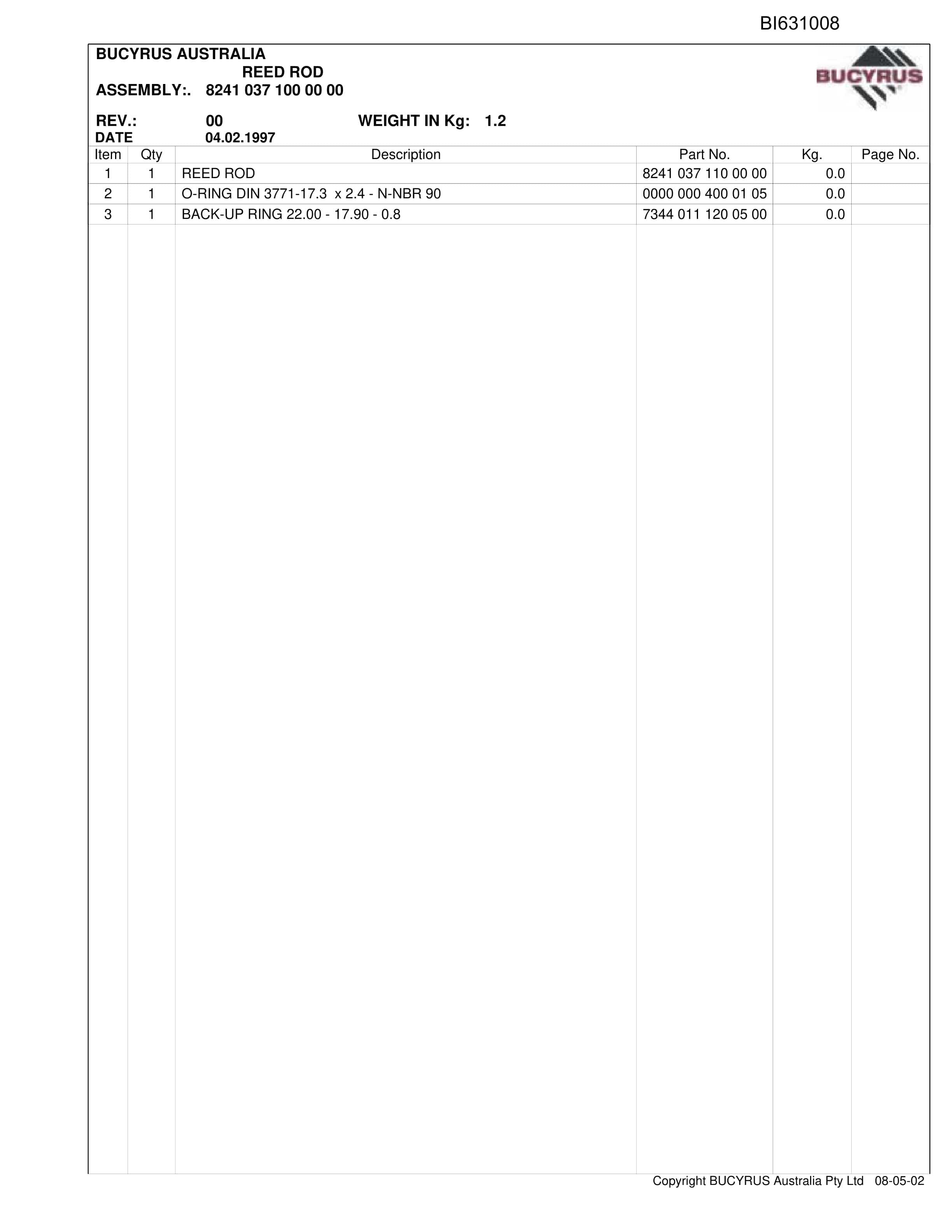 Bucyrus Broadmeadow E-Frame 2008 Parts Catalog BI631008-3