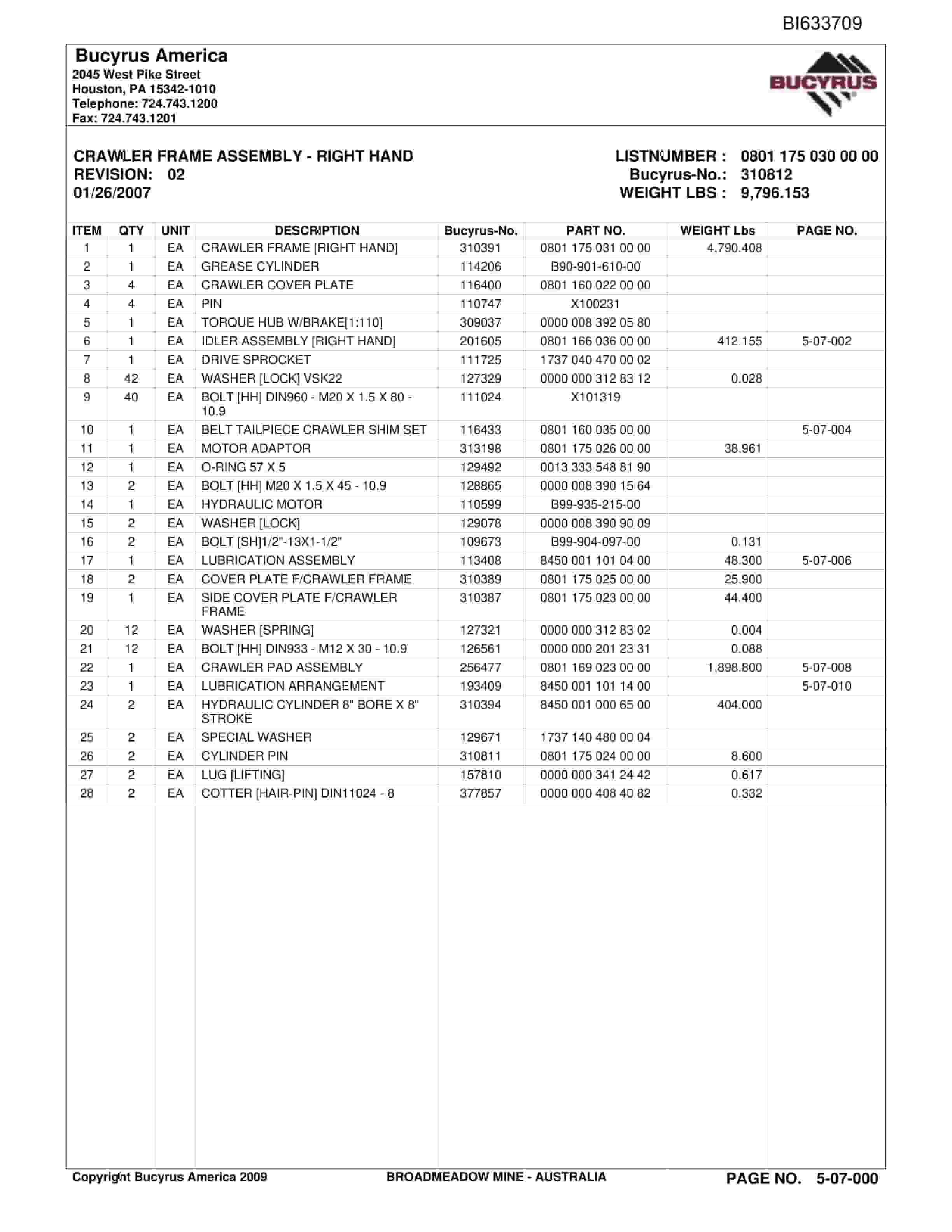 Bucyrus Broadmeadow Mine Parts Catalog BI633709-2