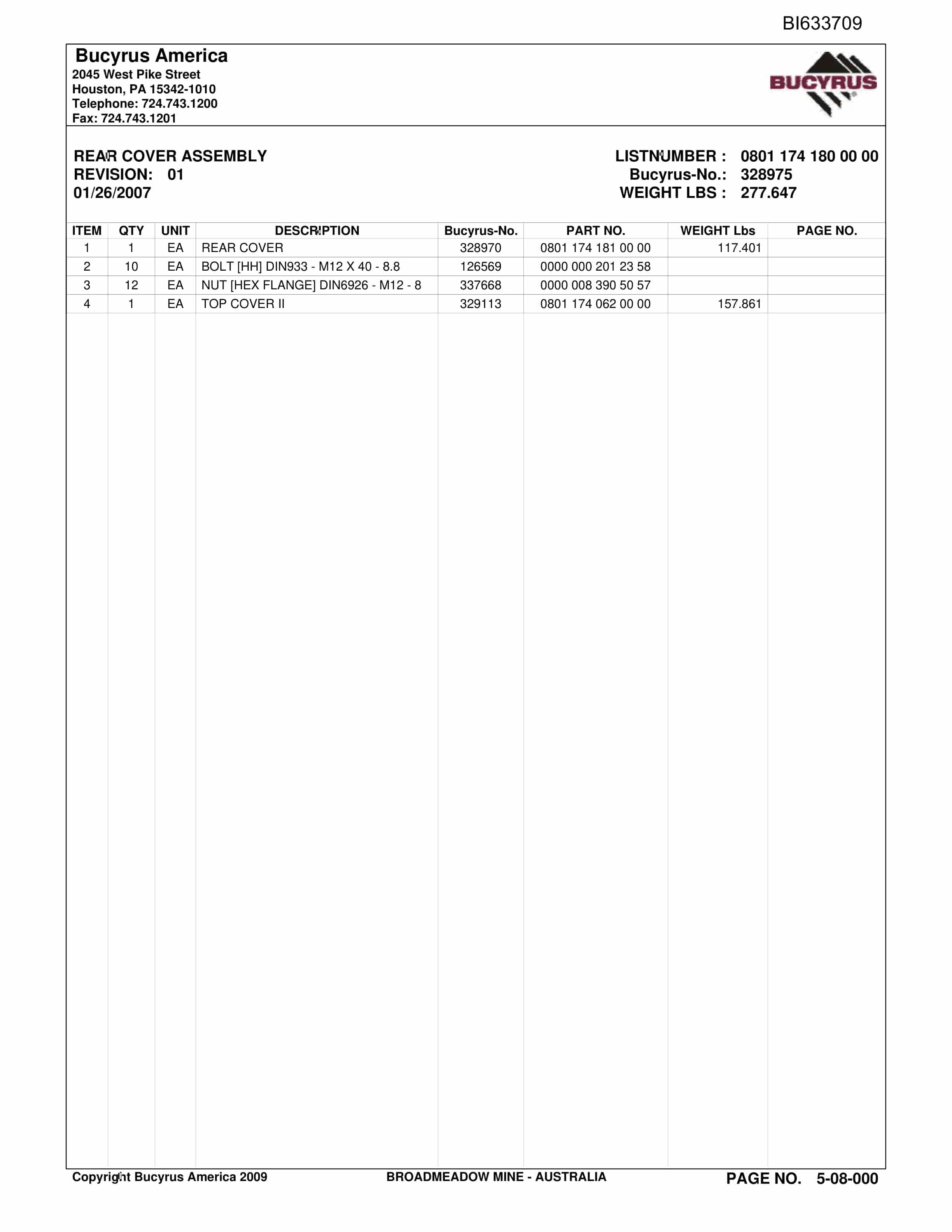 Bucyrus Broadmeadow Mine Parts Catalog BI633709-3
