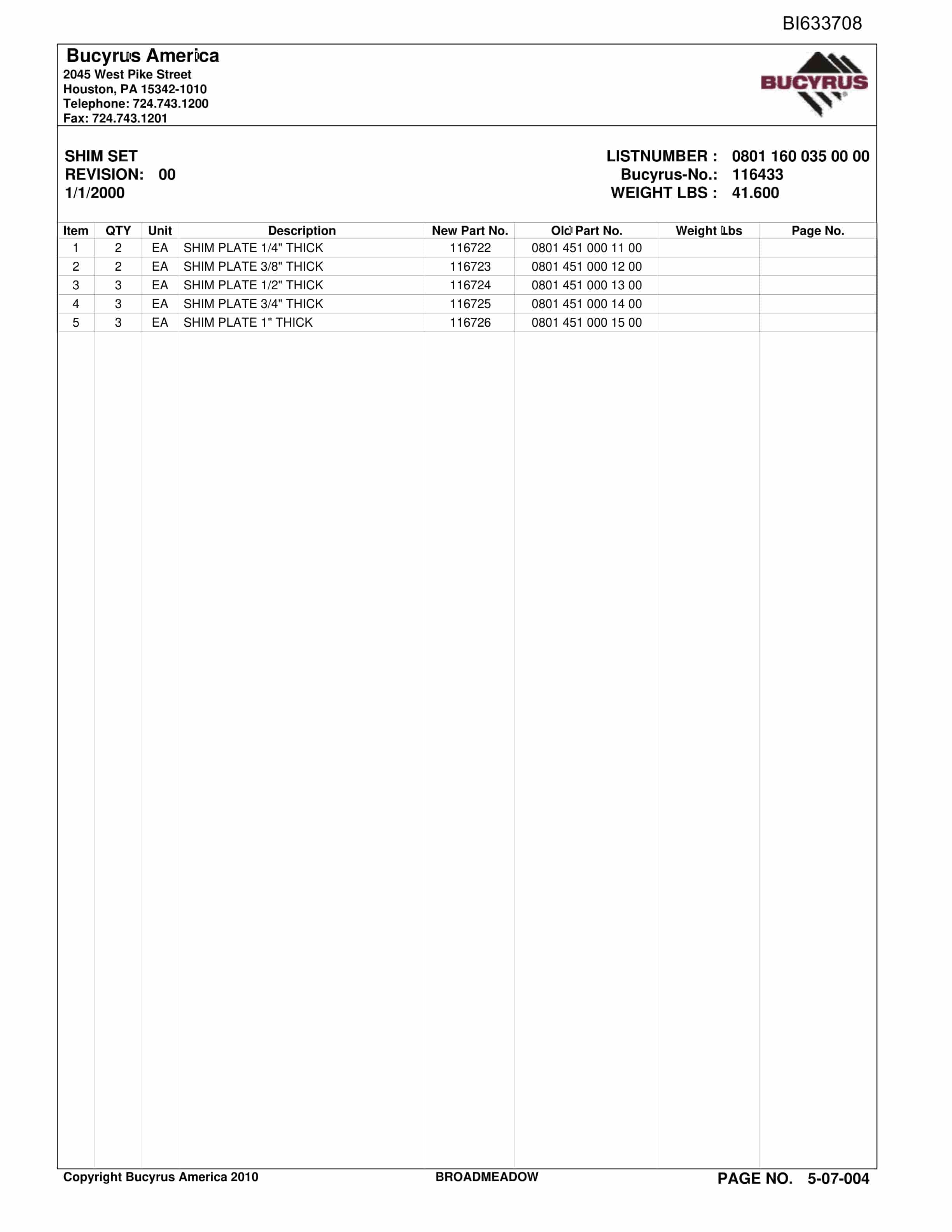Bucyrus Broadmeadow Parts Catalog BI633708-3