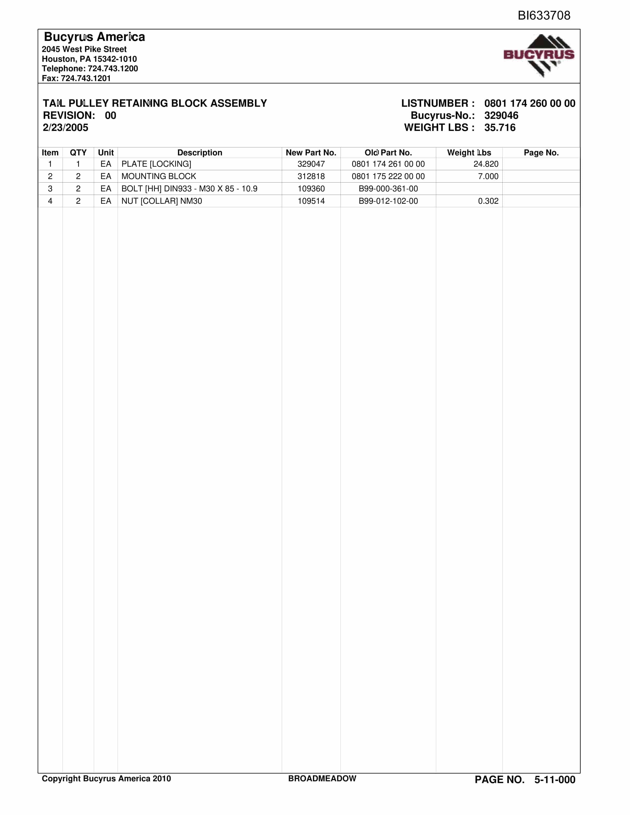 Bucyrus Broadmeadow Parts Catalog BI633708-5