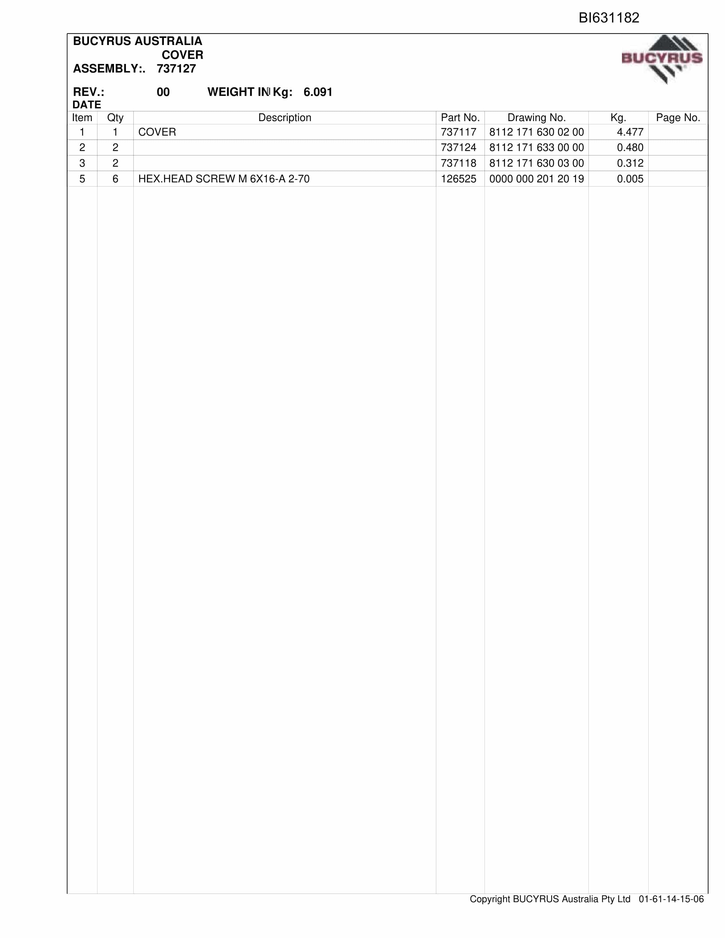 Bucyrus Broadmeadow Shields 2009 Parts Catalog BI631182-2