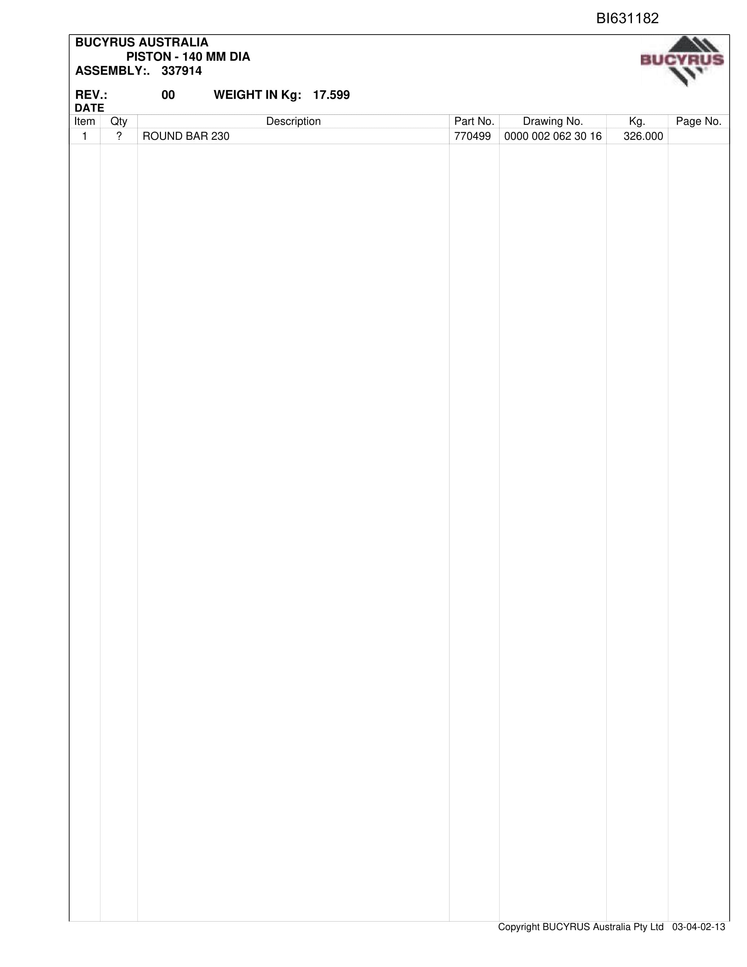 Bucyrus Broadmeadow Shields 2009 Parts Catalog BI631182-4