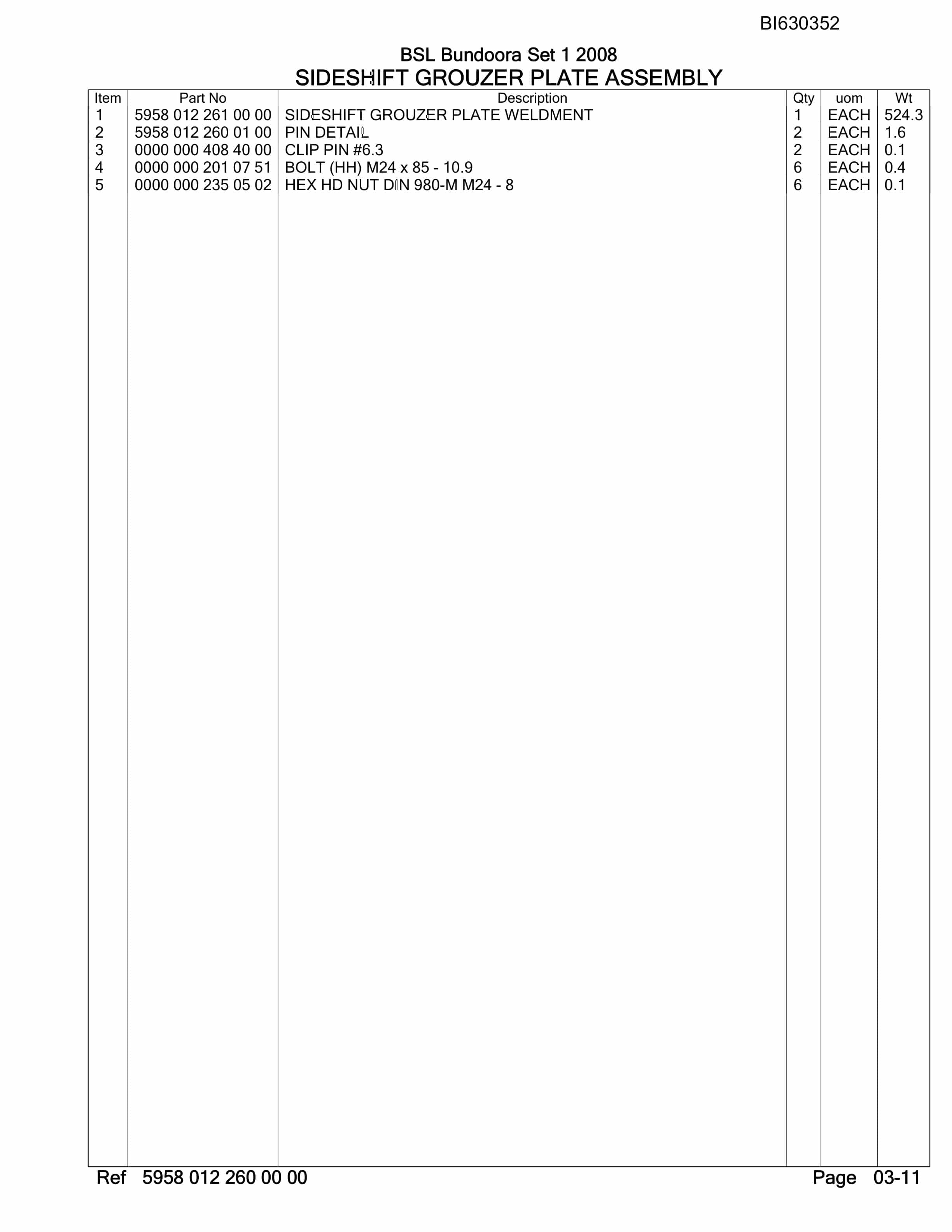 Bucyrus BSL Bundoora Set 1 2008 Parts Catalog BI630352-5