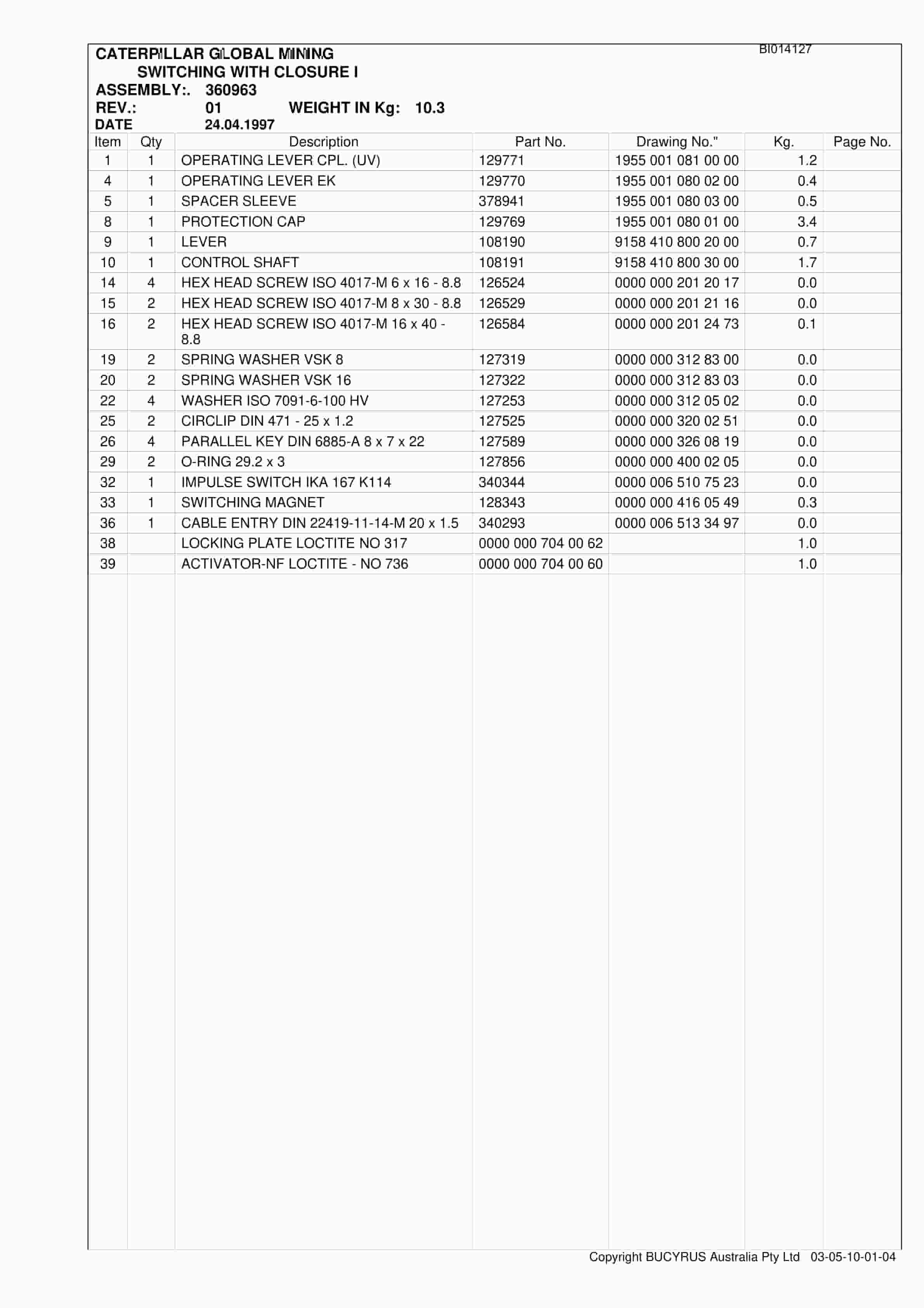 Bucyrus BSL Crinum Set 1 2012 Parts Catalog BI014127-4