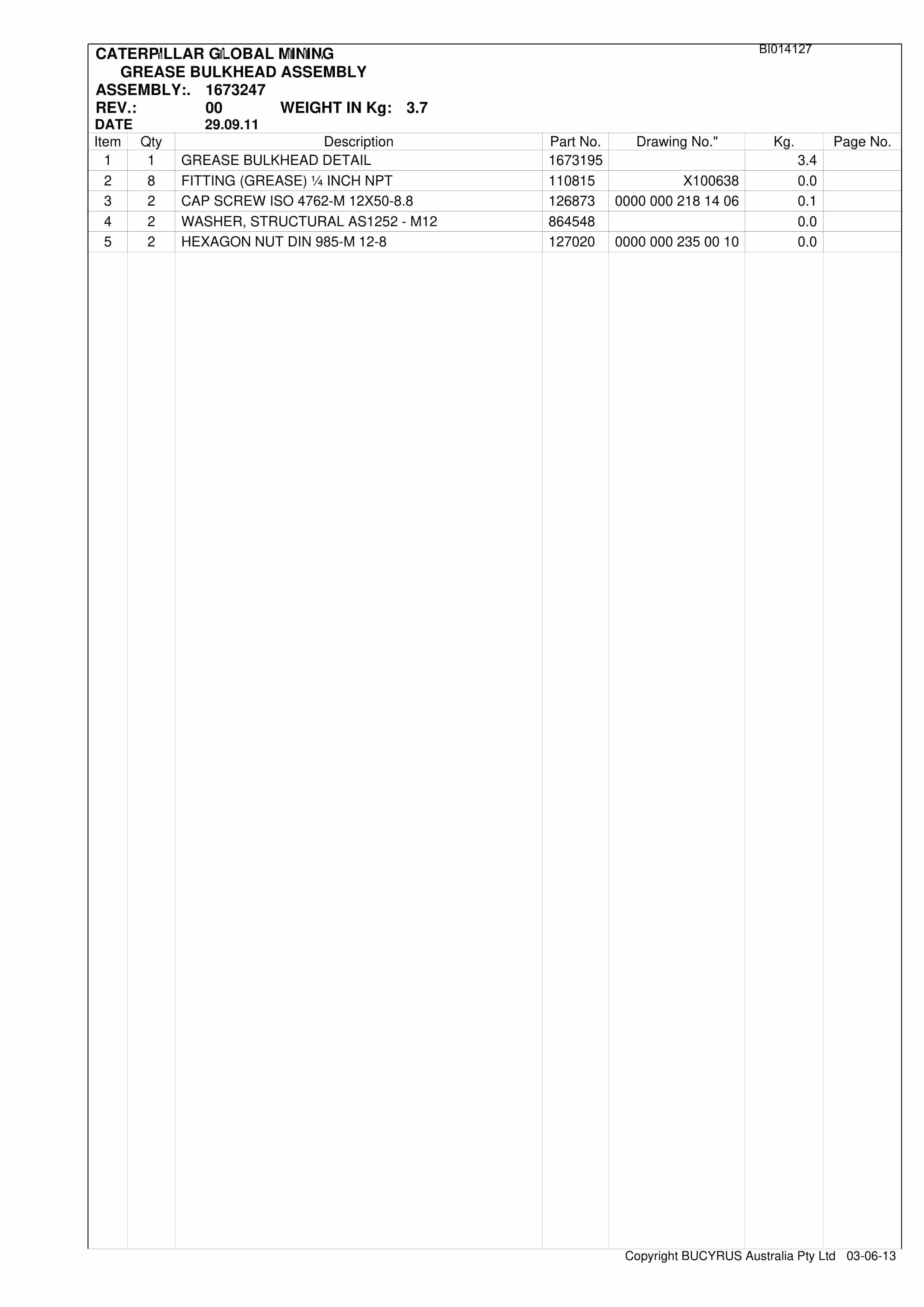 Bucyrus BSL Crinum Set 1 2012 Parts Catalog BI014127-5
