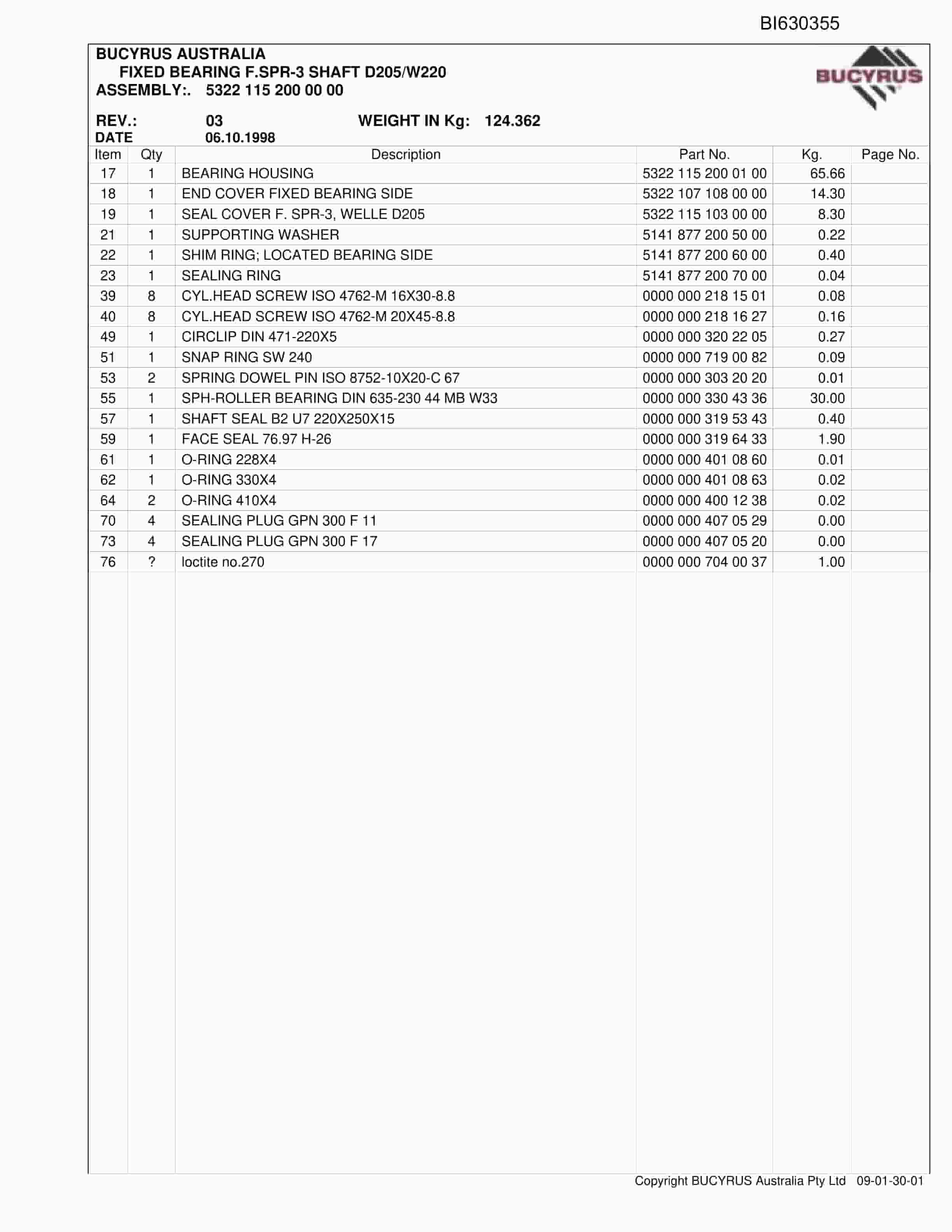 Bucyrus BSL Grasstree 2008 Parts Catalog BI630355-4