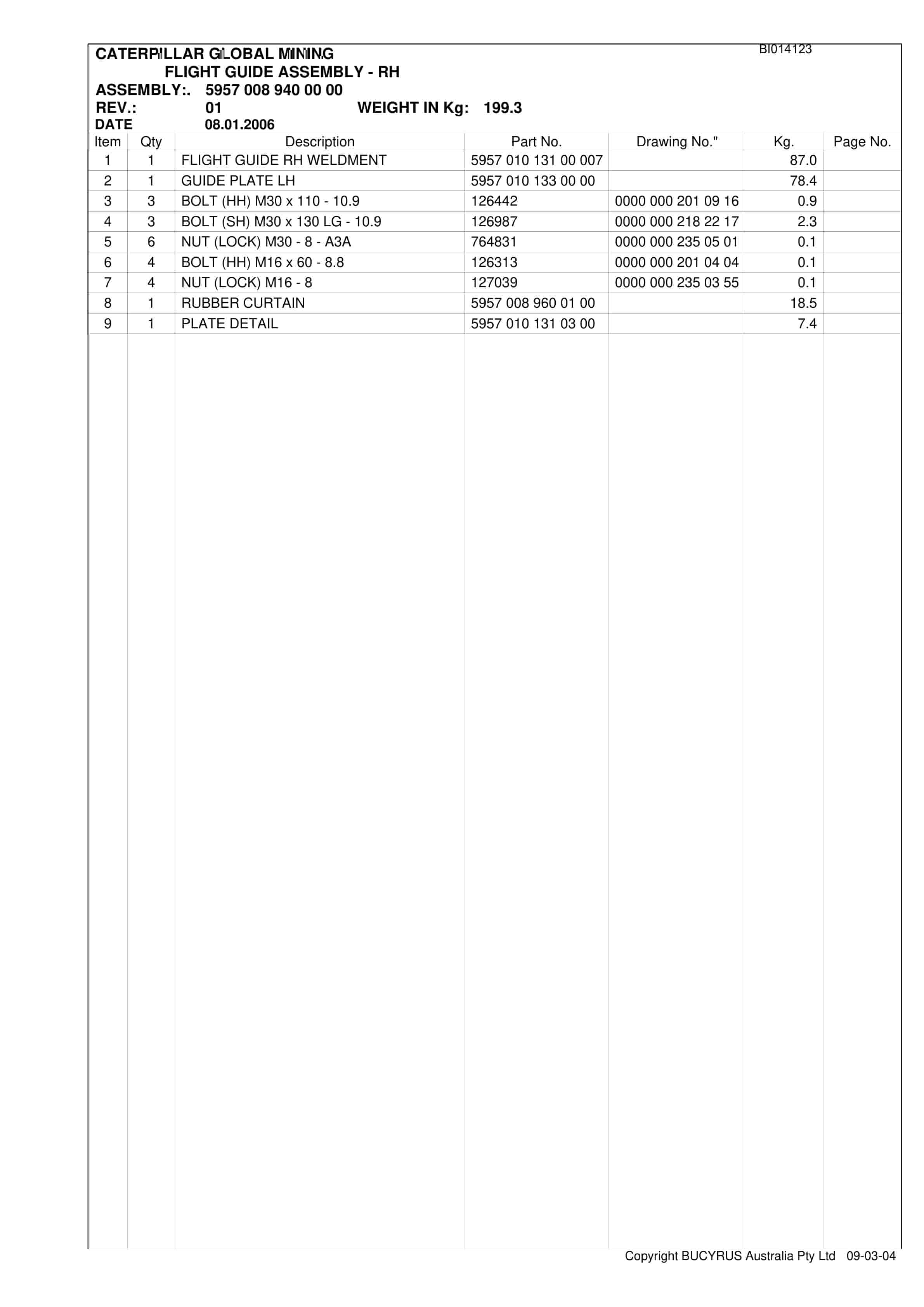 Bucyrus BSL Newlands North P2B 2009 Parts Catalog BI014123-3