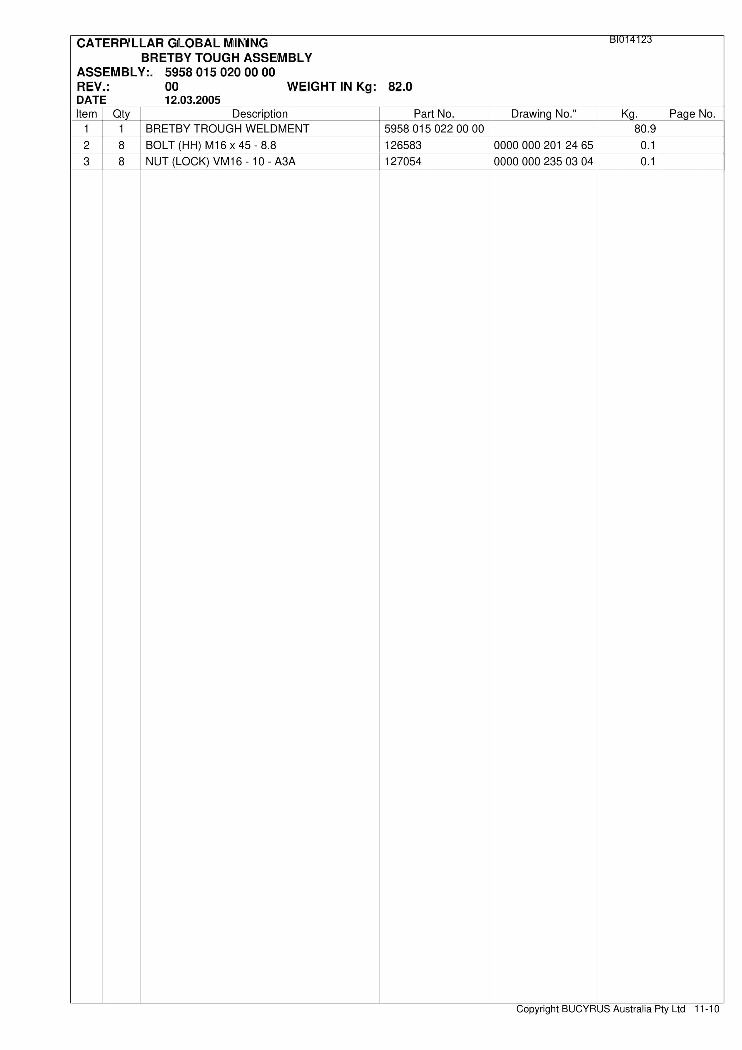Bucyrus BSL Newlands North P2B 2009 Parts Catalog BI014123-5
