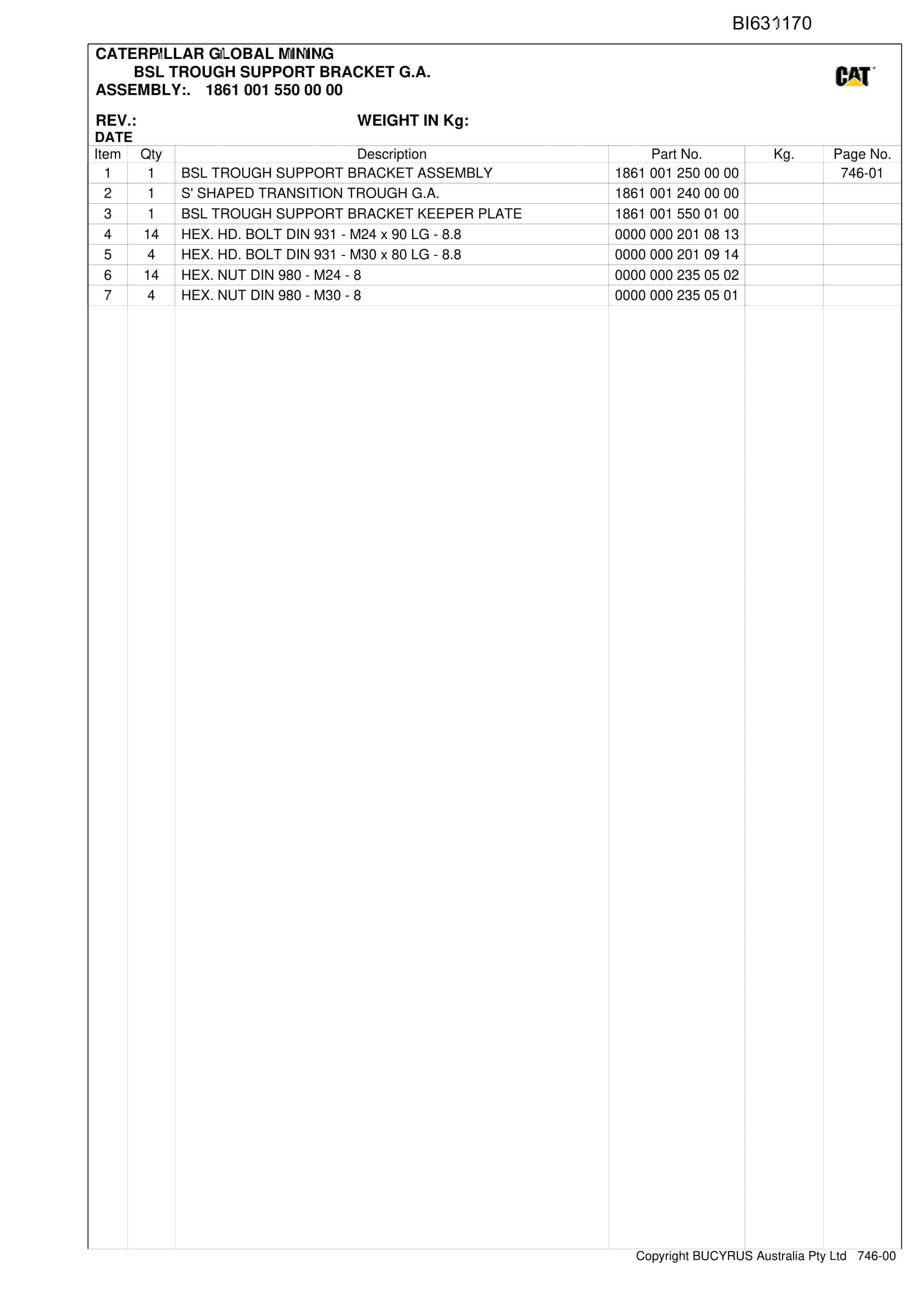 Bucyrus BSL Oaky North - Set 71 Parts Catalog BI631170-4