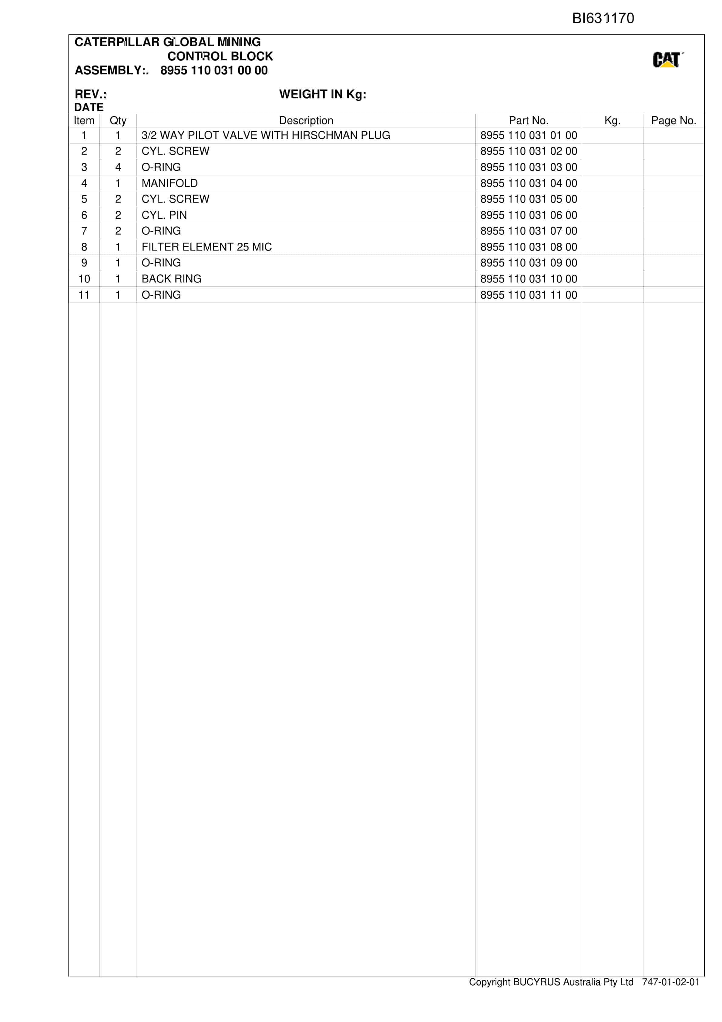 Bucyrus BSL Oaky North - Set 71 Parts Catalog BI631170-5