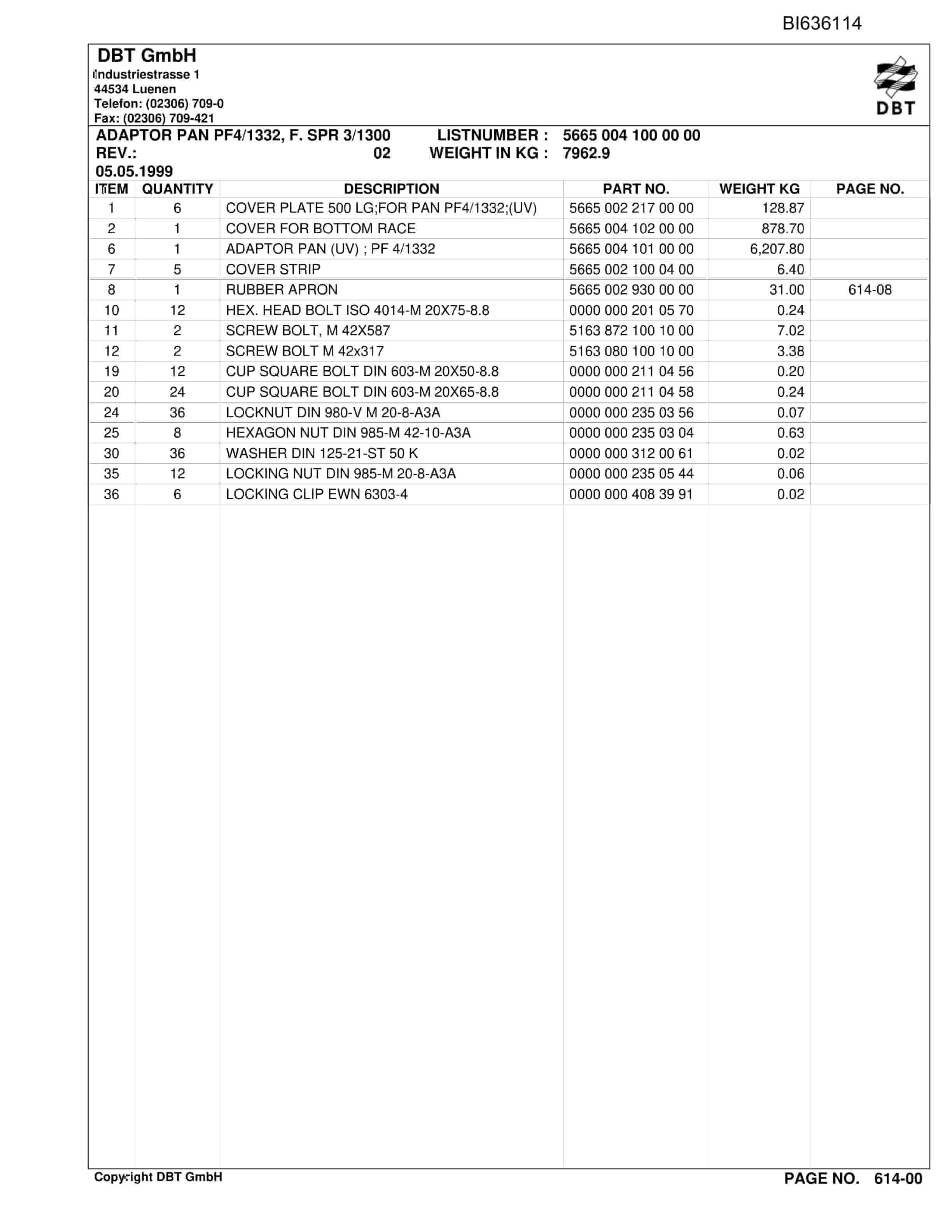 Bucyrus BSL PF 4-1332 SHENHUA-YUJIALIANG II Parts Catalog BI636114-4