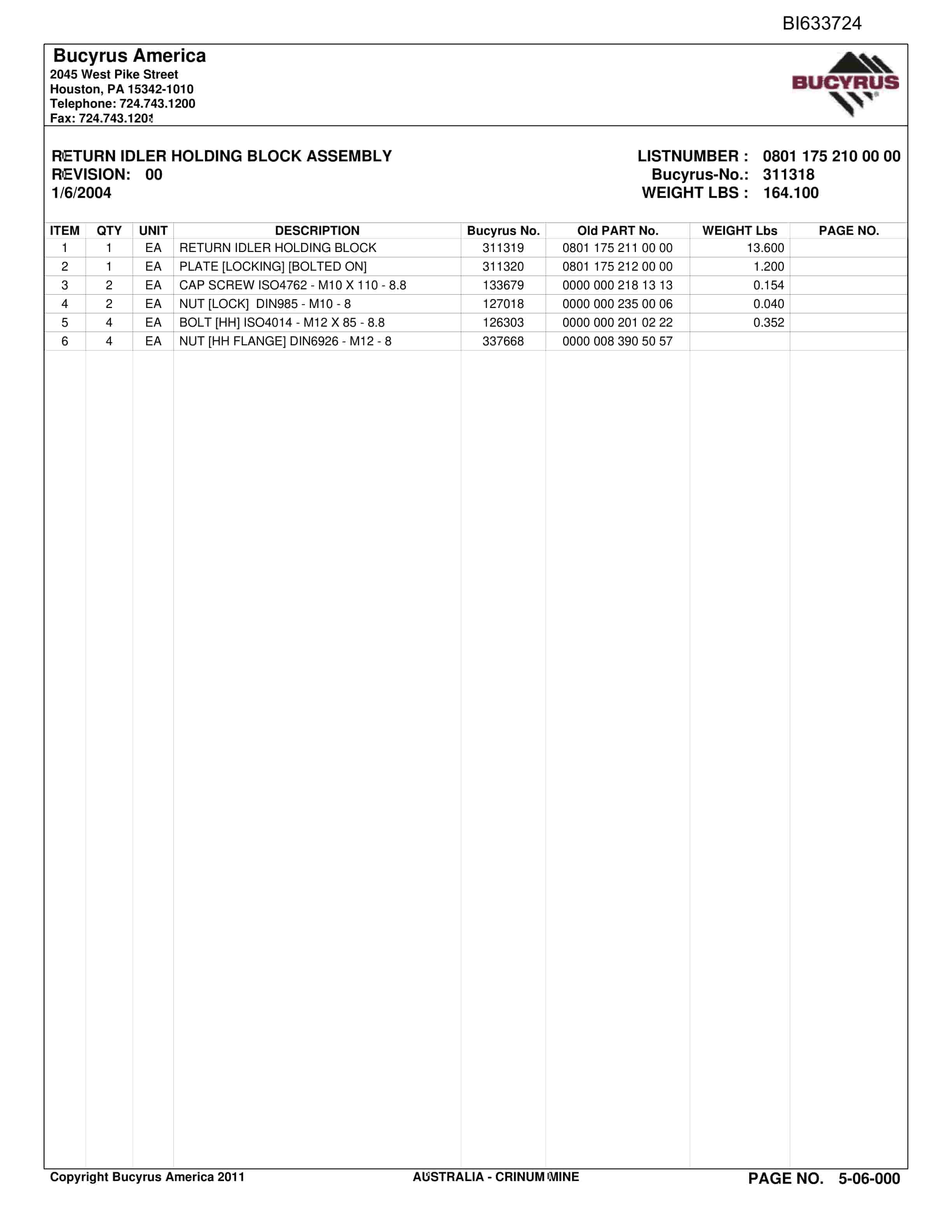 Bucyrus BTP Crawler Assembly Parts Catalog BI633724-2