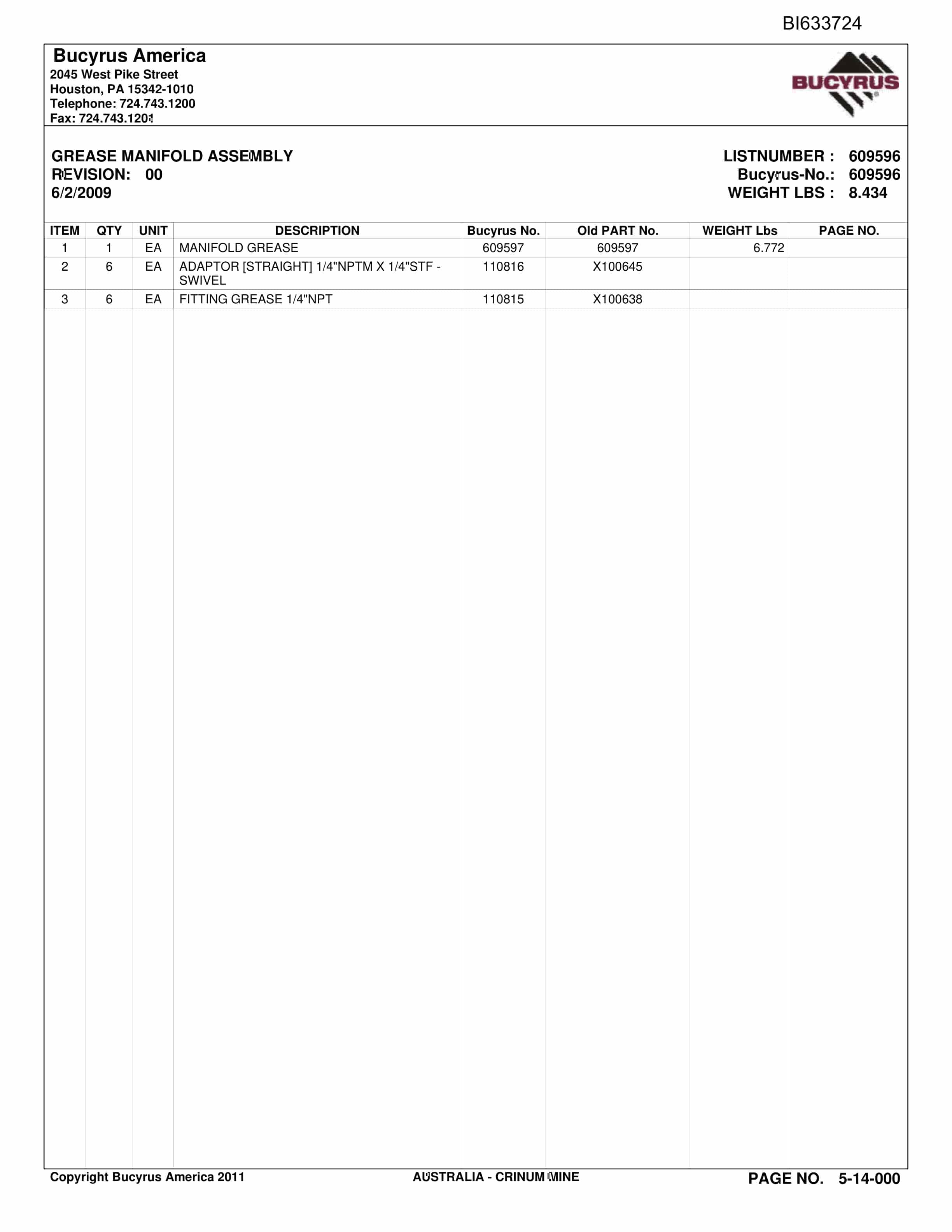 Bucyrus BTP Crawler Assembly Parts Catalog BI633724-5
