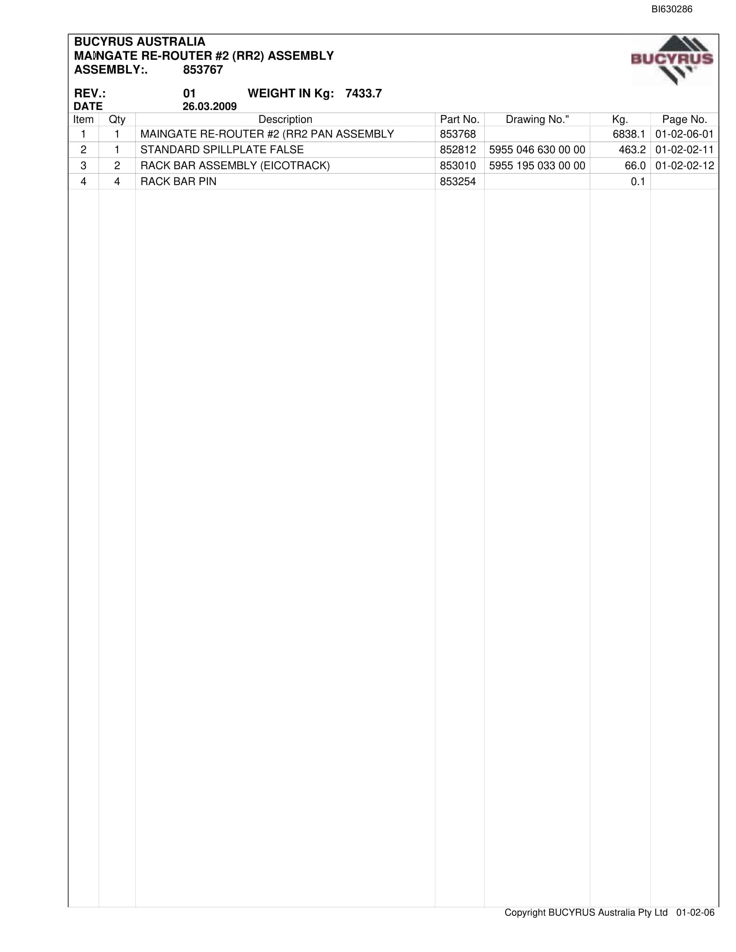 Bucyrus Bundoora AFC 2009 Parts Catalog BI630286-3