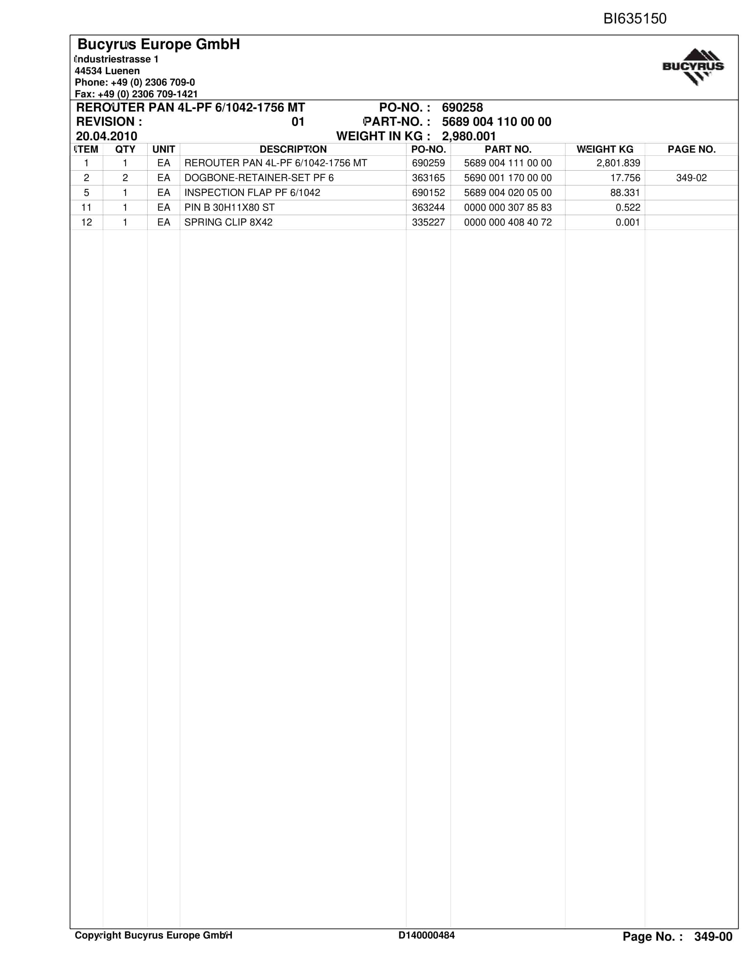 Bucyrus BW CSM II HS.SH-Conveyor PF6-1042 Parts Catalog BI635150-3