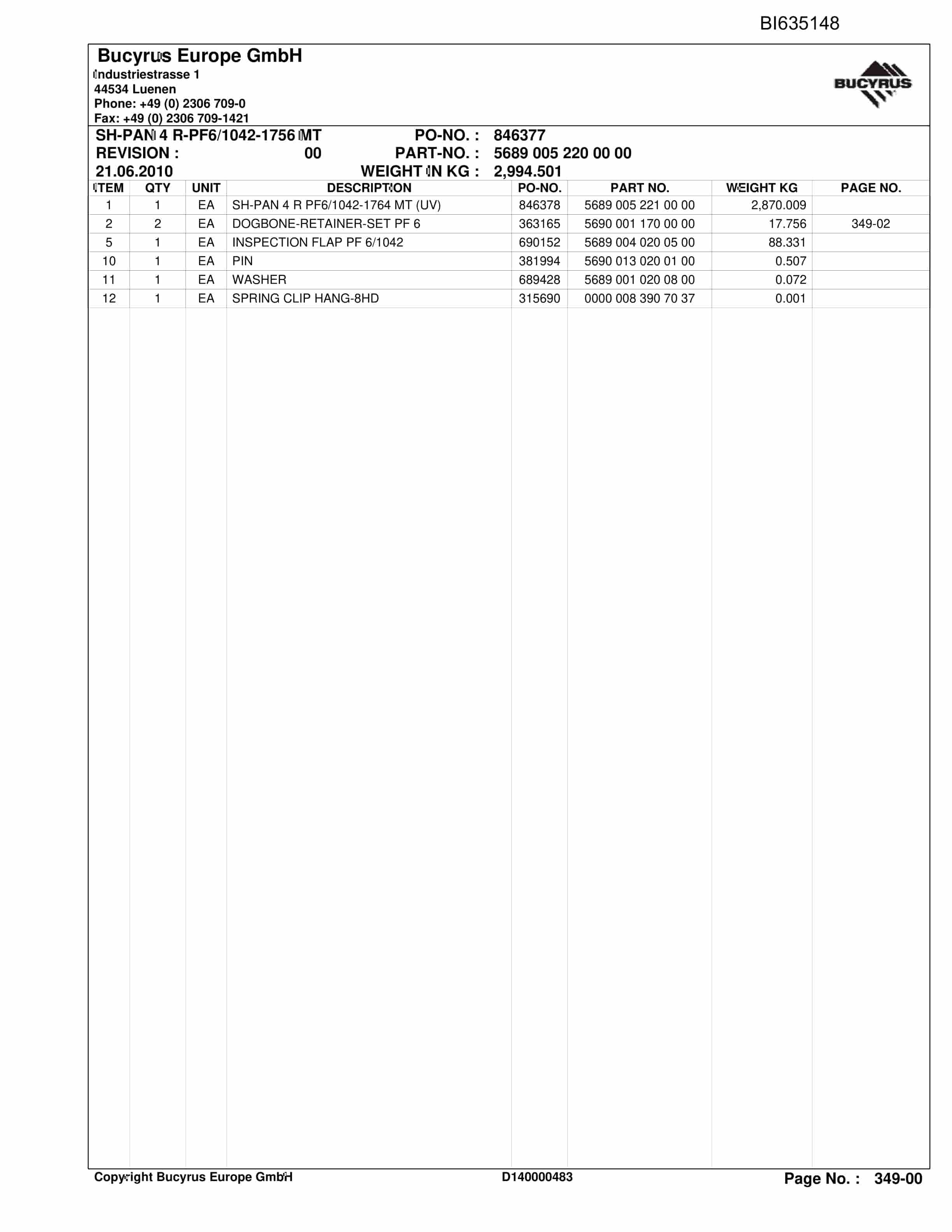 Bucyrus BW DARKOV 2, MS.SH-Conveyor PF6-1042 Parts Catalog BI635148-4