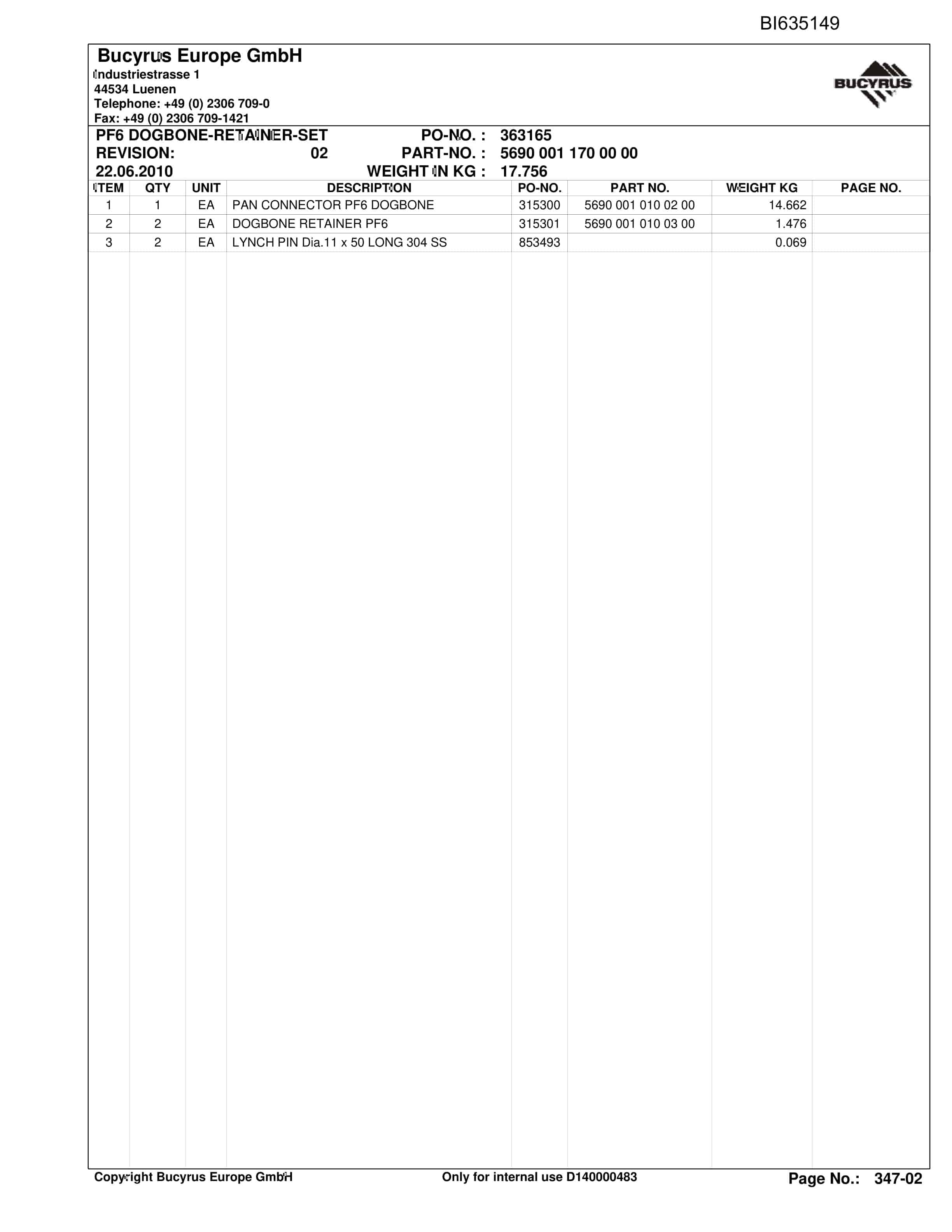 Bucyrus BW DARKOV 2, MS.SH-Conveyor PF6-1042 Parts Catalog BI635149-3
