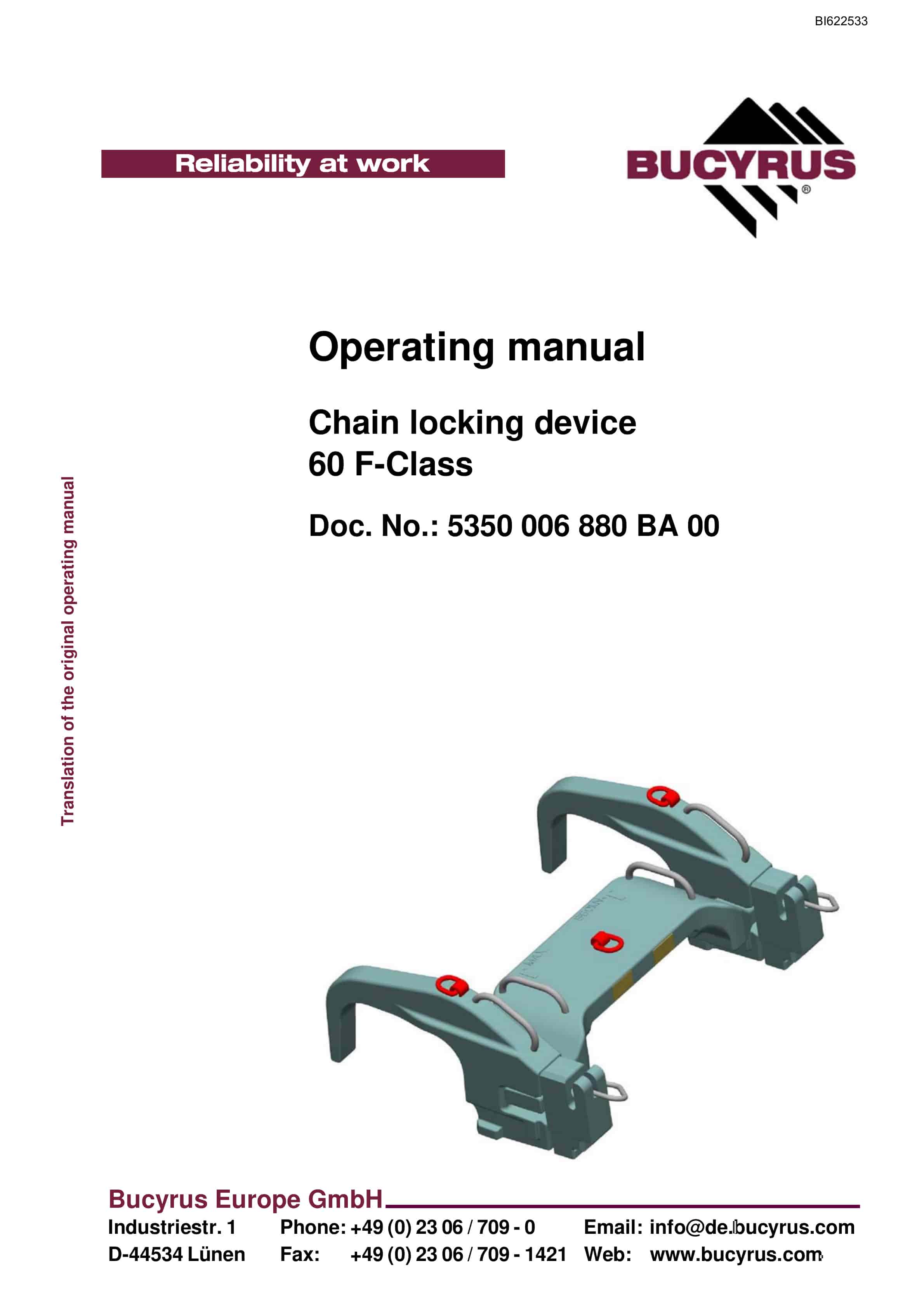 Bucyrus Chain Locking Device 60 F-Class Operating Manual BI622533