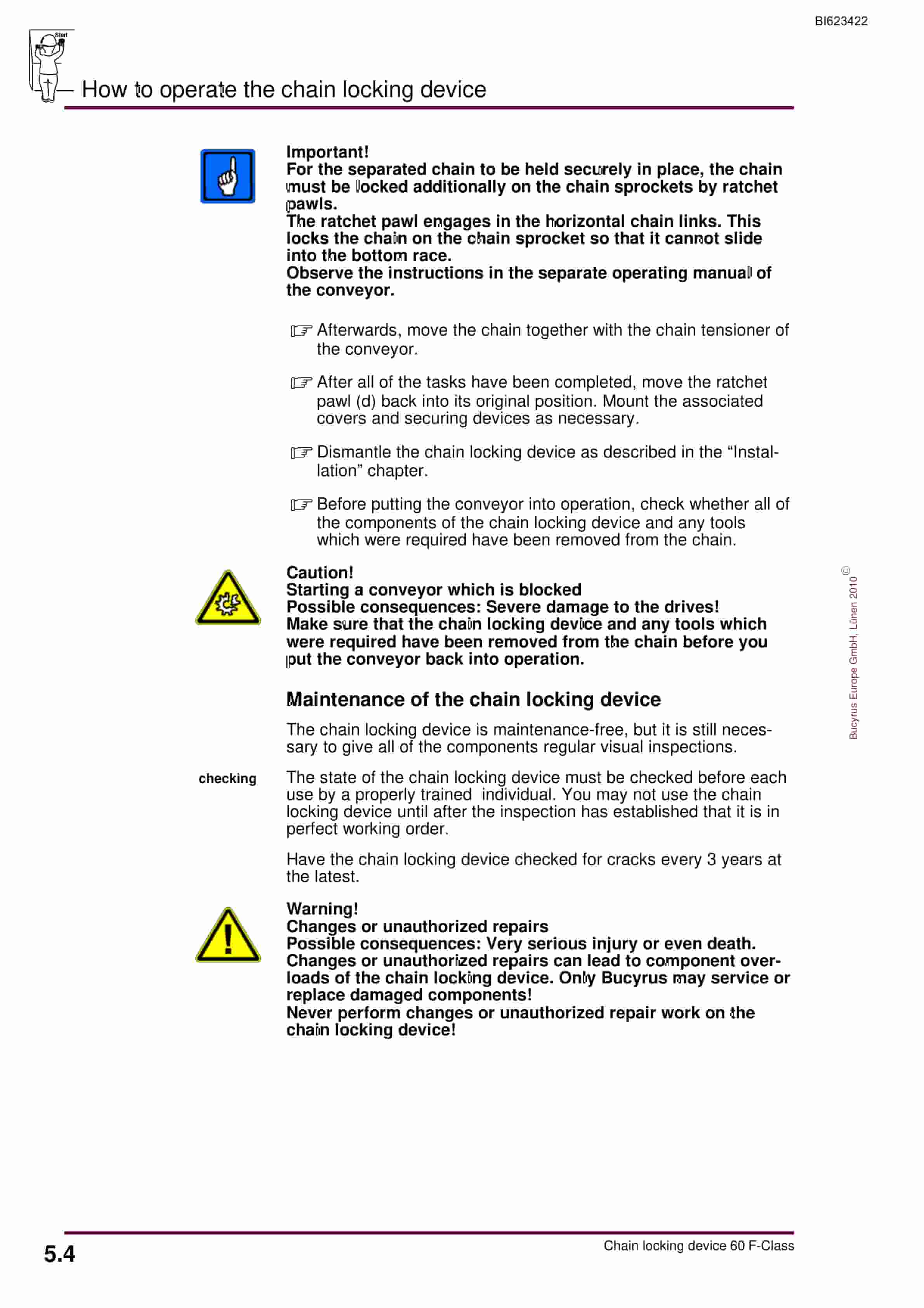 Bucyrus Chain Locking Device 60 F-Class Operating Manual BI623422-5