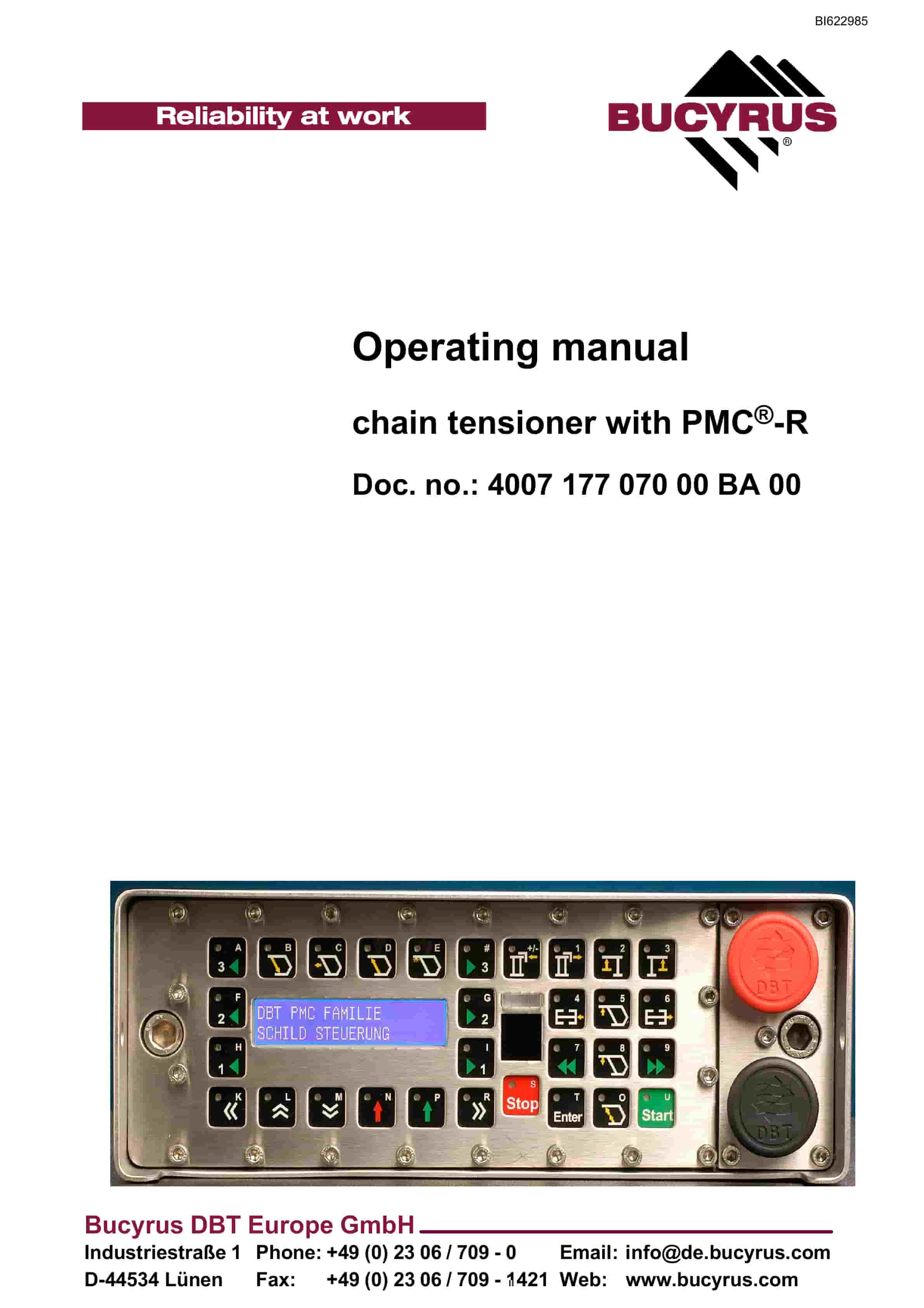 Bucyrus Chain Tensioner With PMC-R Operating Manual BI622985