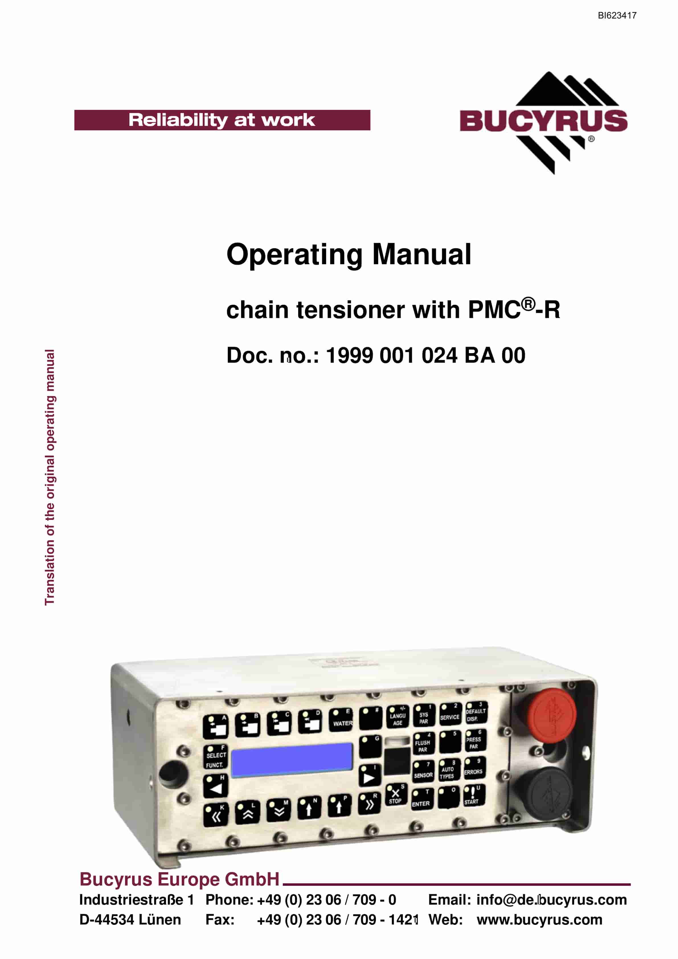 Bucyrus Chain Tensioner With PMC-R Operating Manual BI623417