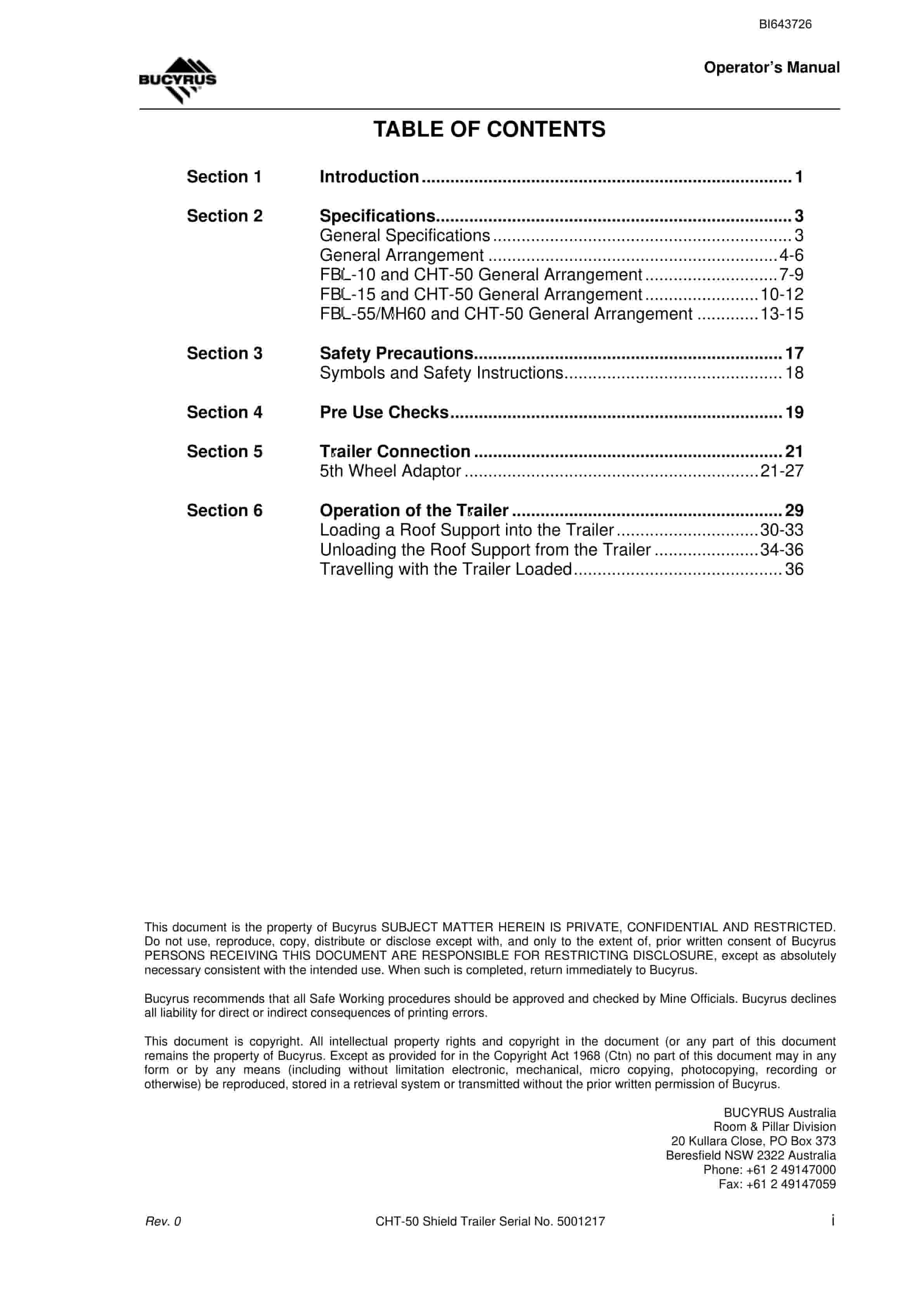 Bucyrus CHT-50 Shield Trailer Service And Operators Manual BI643726-3