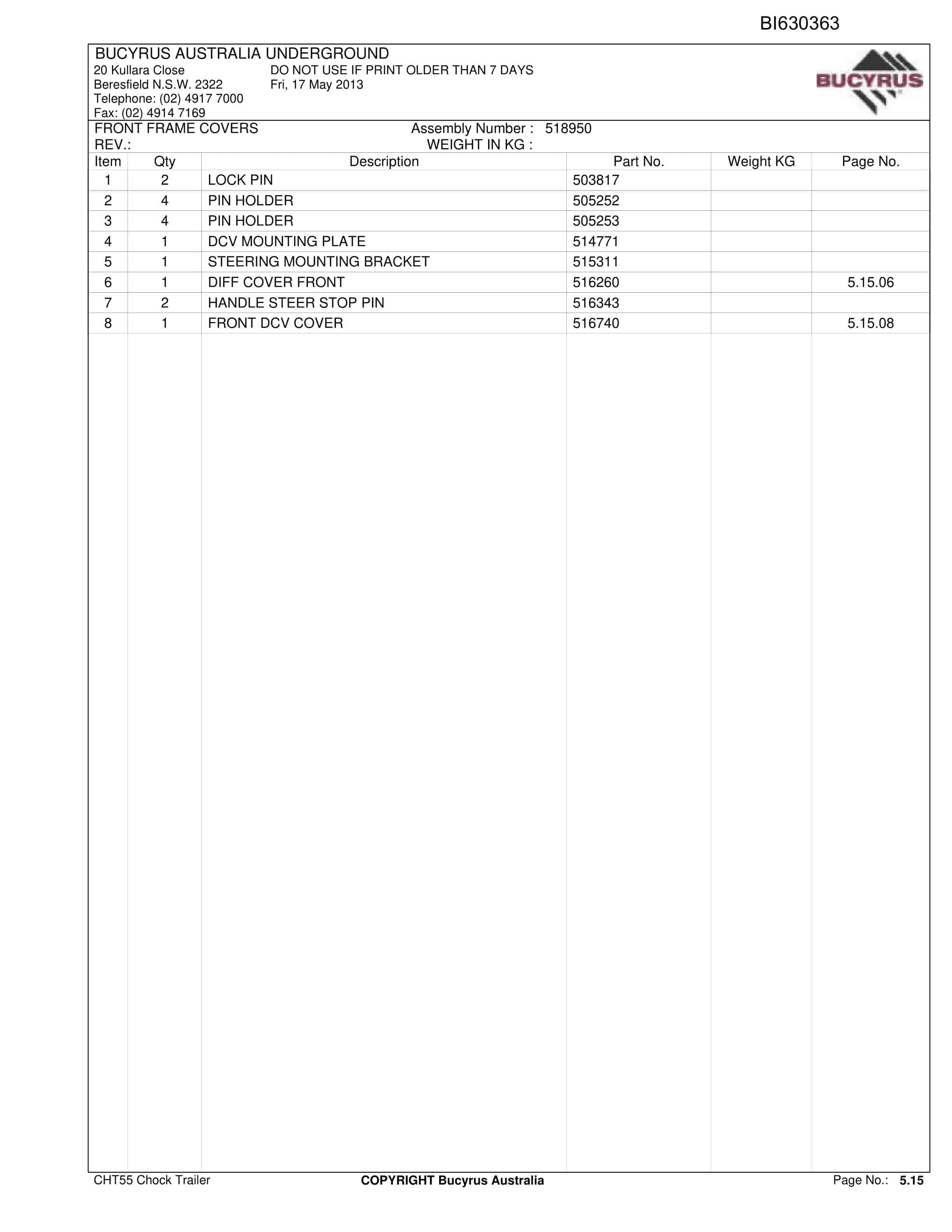 Bucyrus CHT55 Chock Trailer Parts Catalog BI630363-5