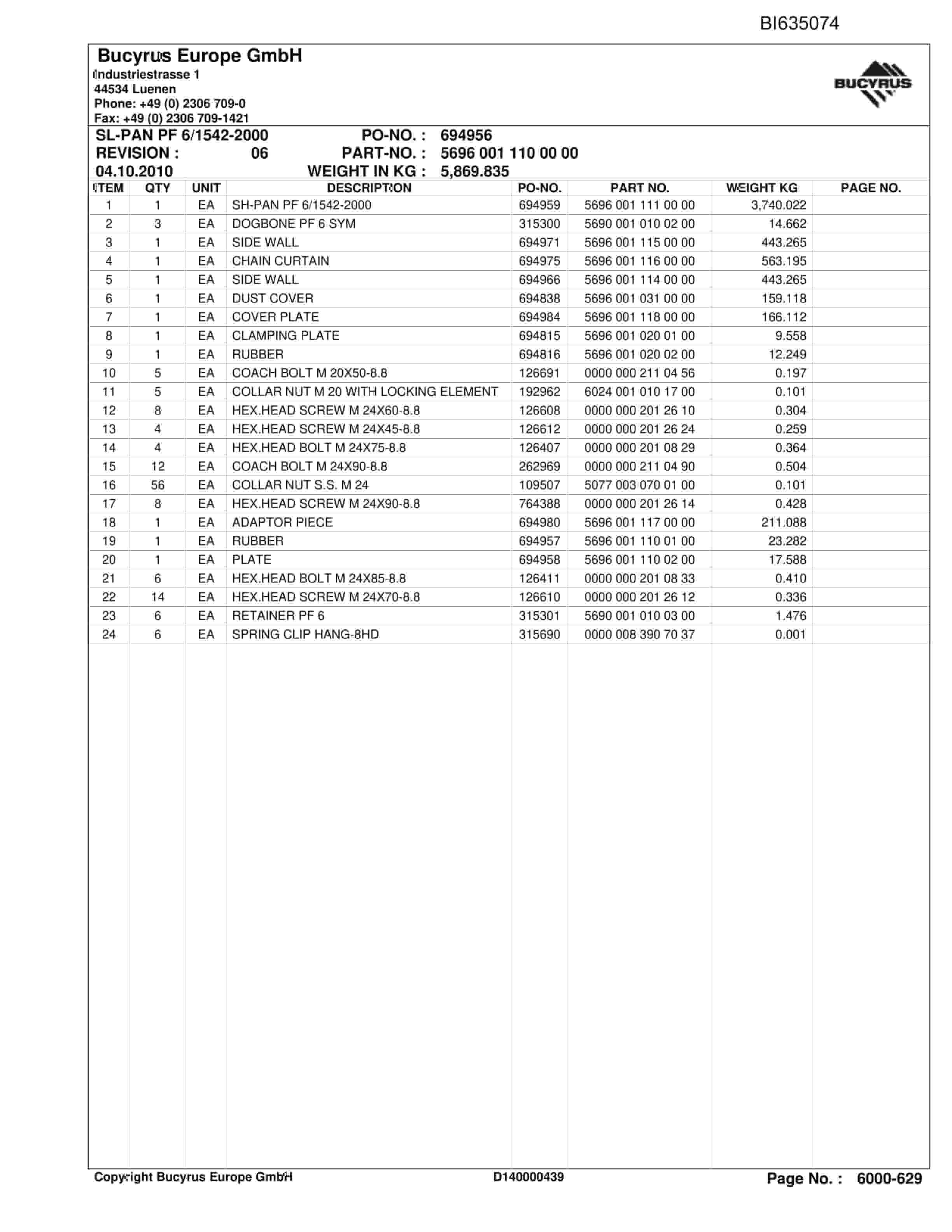 Bucyrus Conveyor System DONGZHOUYAO (LTCC) Parts Catalog BI635074-5